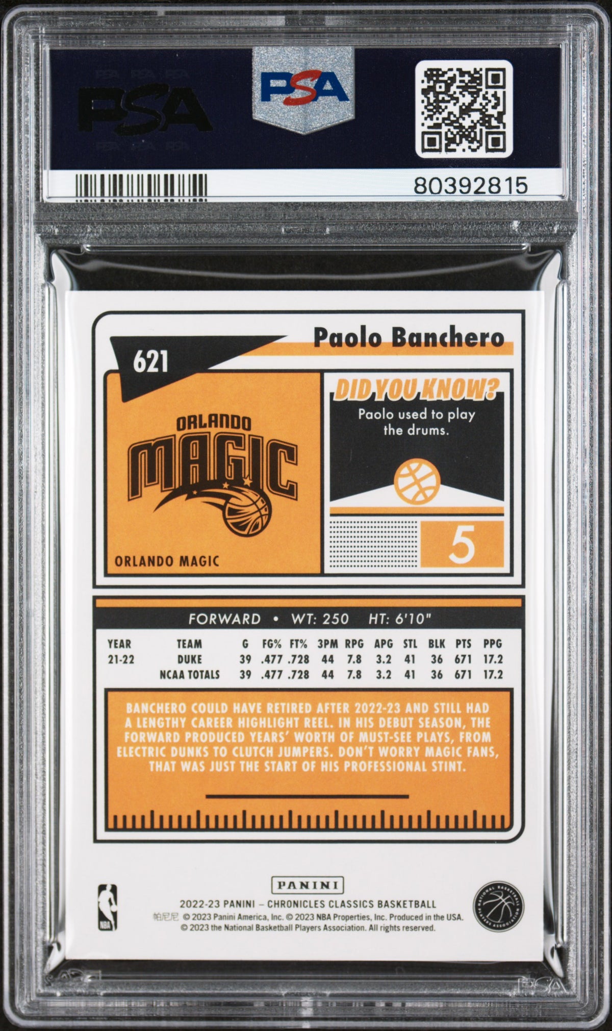 2022 Panini Chronicles Paolo Banchero Rookie #621 PSA 9 Orlando Magic