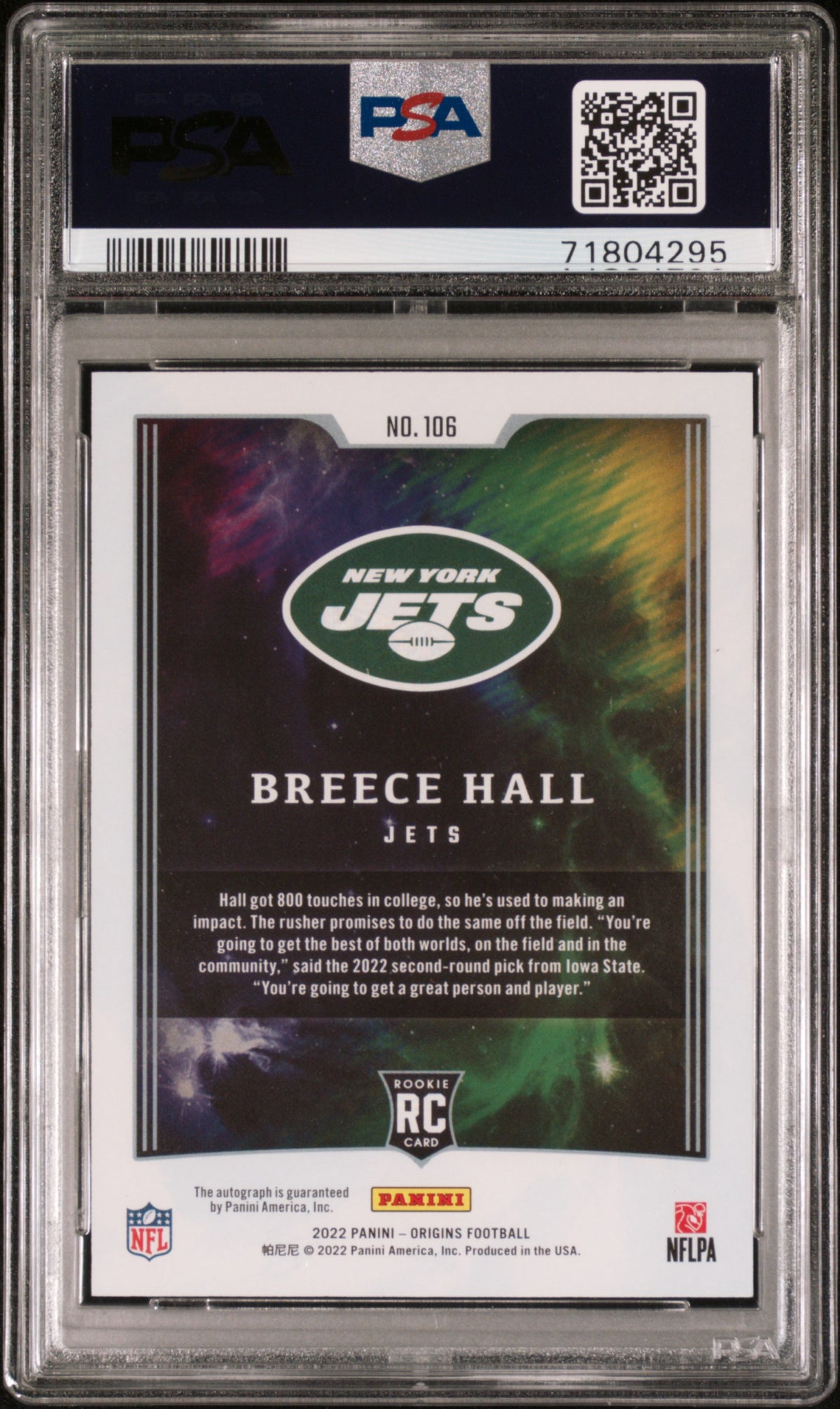 2022 Panini Origins Breece Hall Signature 08/10 Rookie #106 PSA 10 GEM MINT Jets