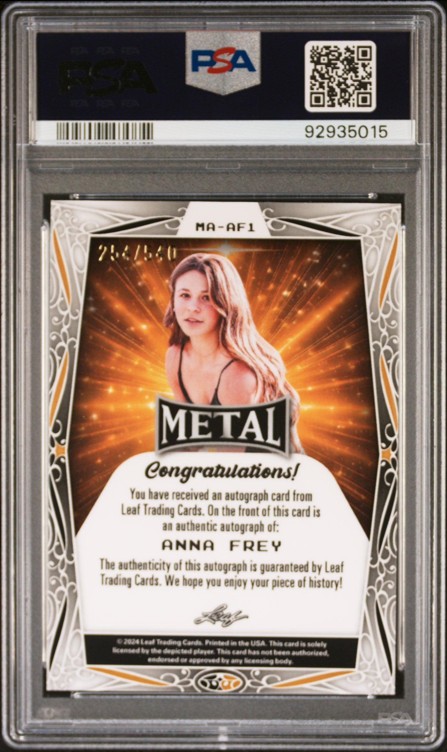 2024 Leaf Web Exclusives Anna Frey Metal Autograph #MAAF1 PSA 10