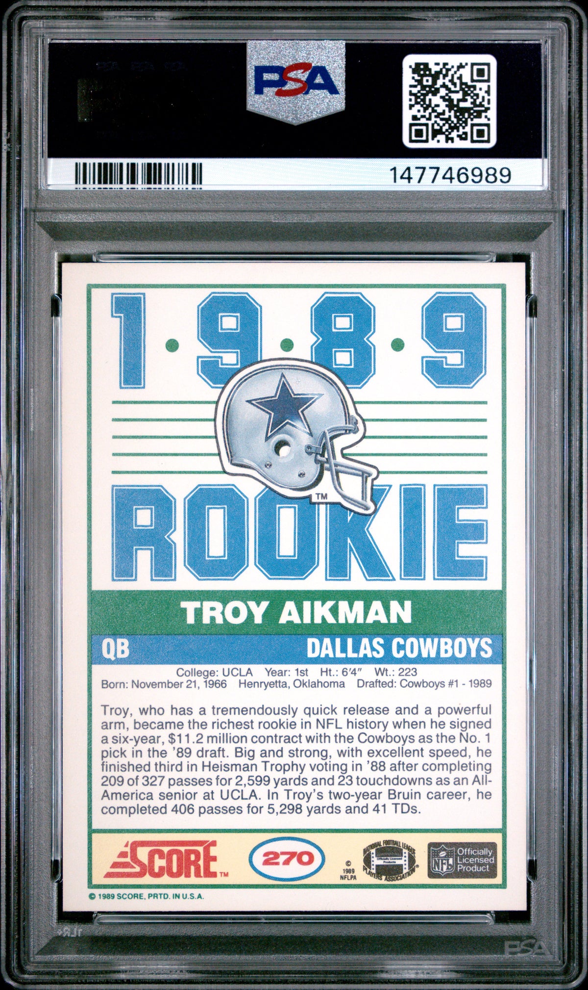 1989 Score Troy Aikman Rookie #270 PSA 9 MINT Dallas Cowboys