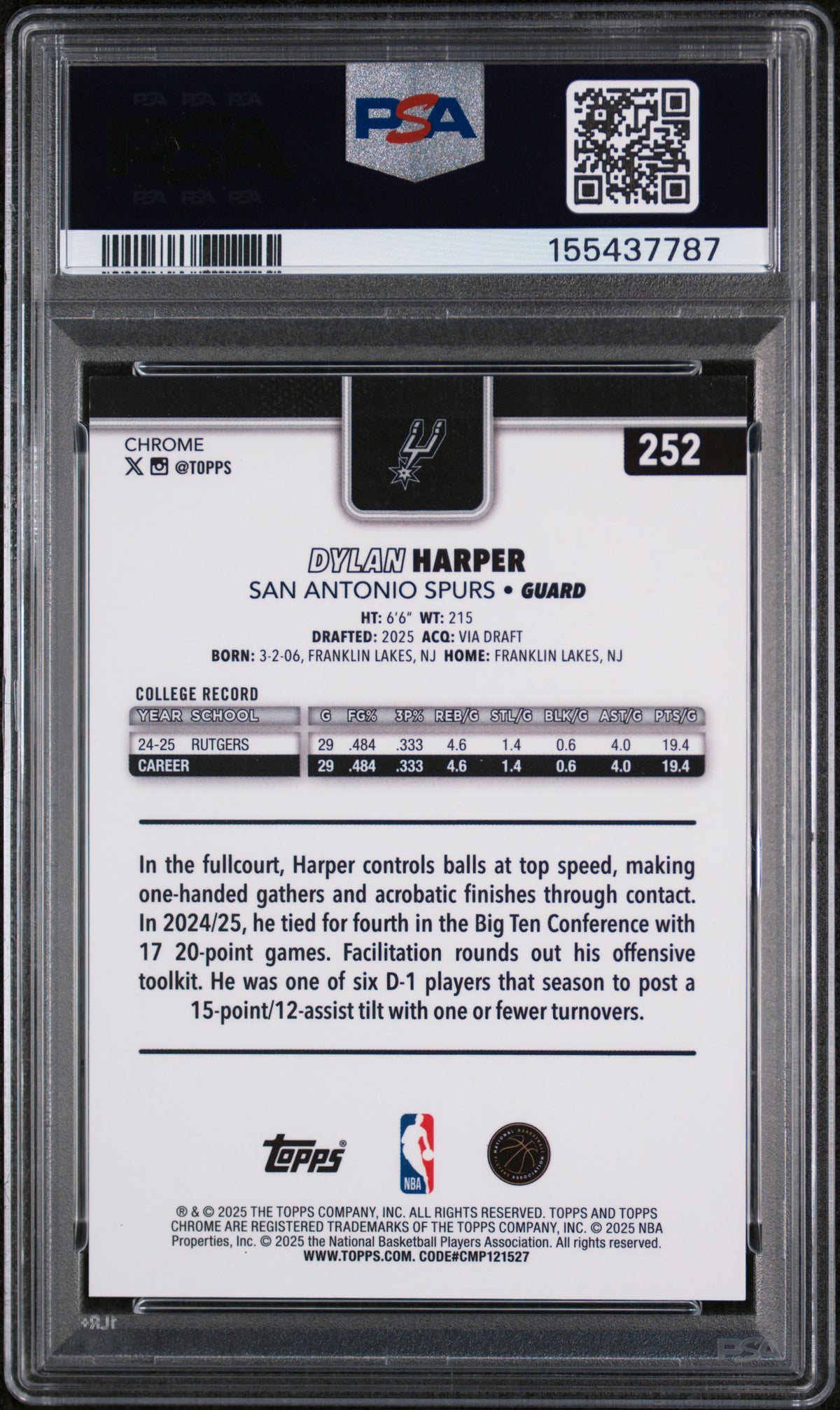 2025 Topps Chrome Dylan Harper Image Var Green Speckle 31/99 #252 PSA 9