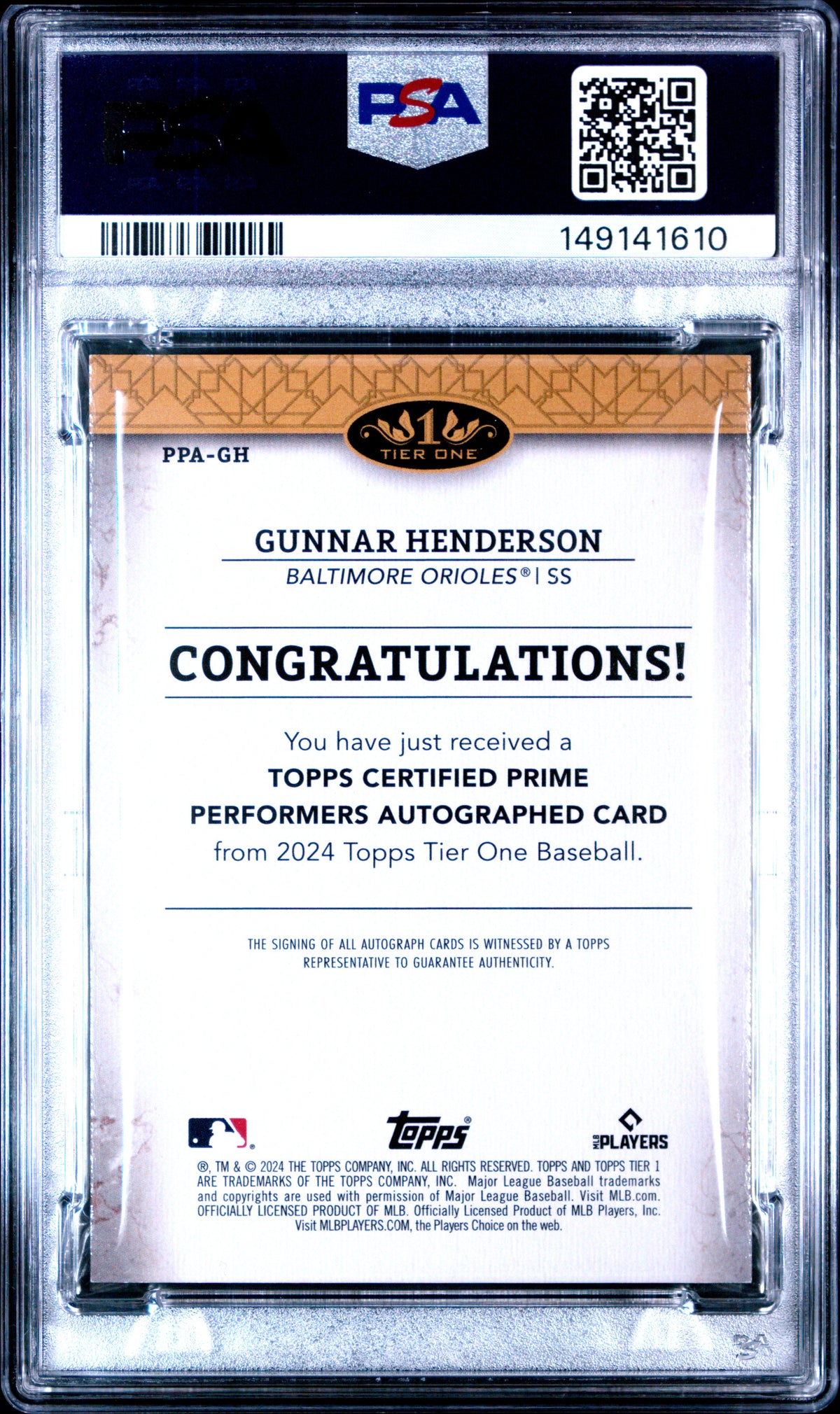 2024 Topps Tier One Prime Performers Autographs Gunnar Henderson 58/99 PSA 9