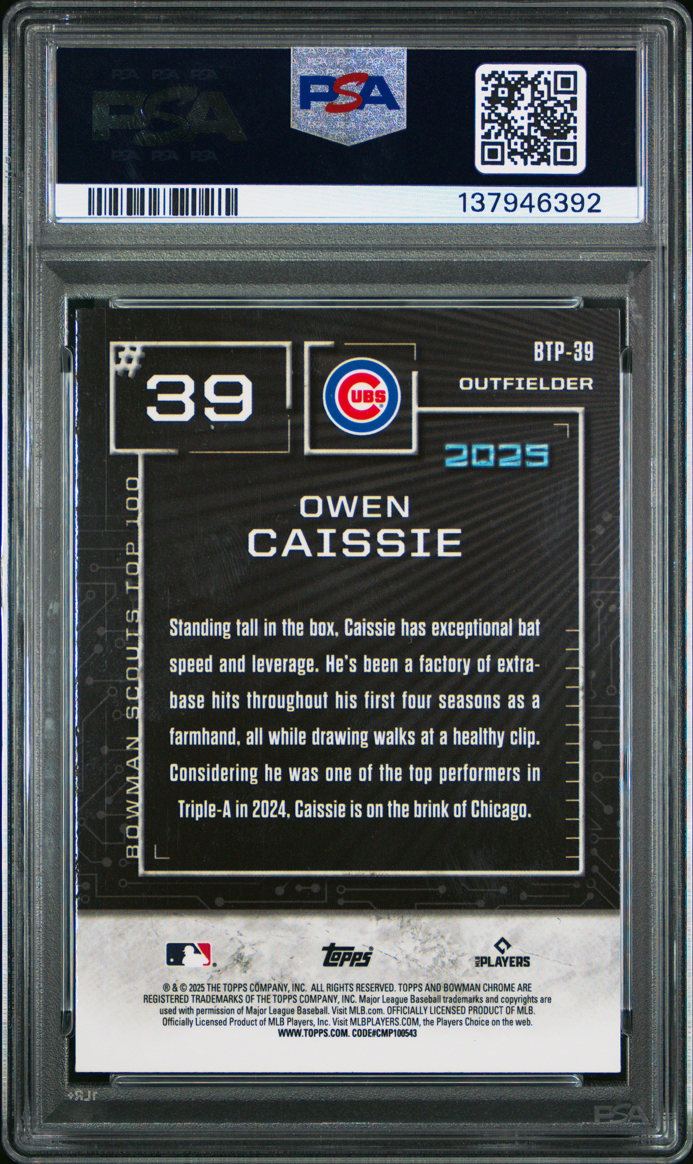 2025 Bowman Scouts' Top 100 Owen Caissie Mini Dia 071/150 #BTP39 PSA 10 GEM MINT