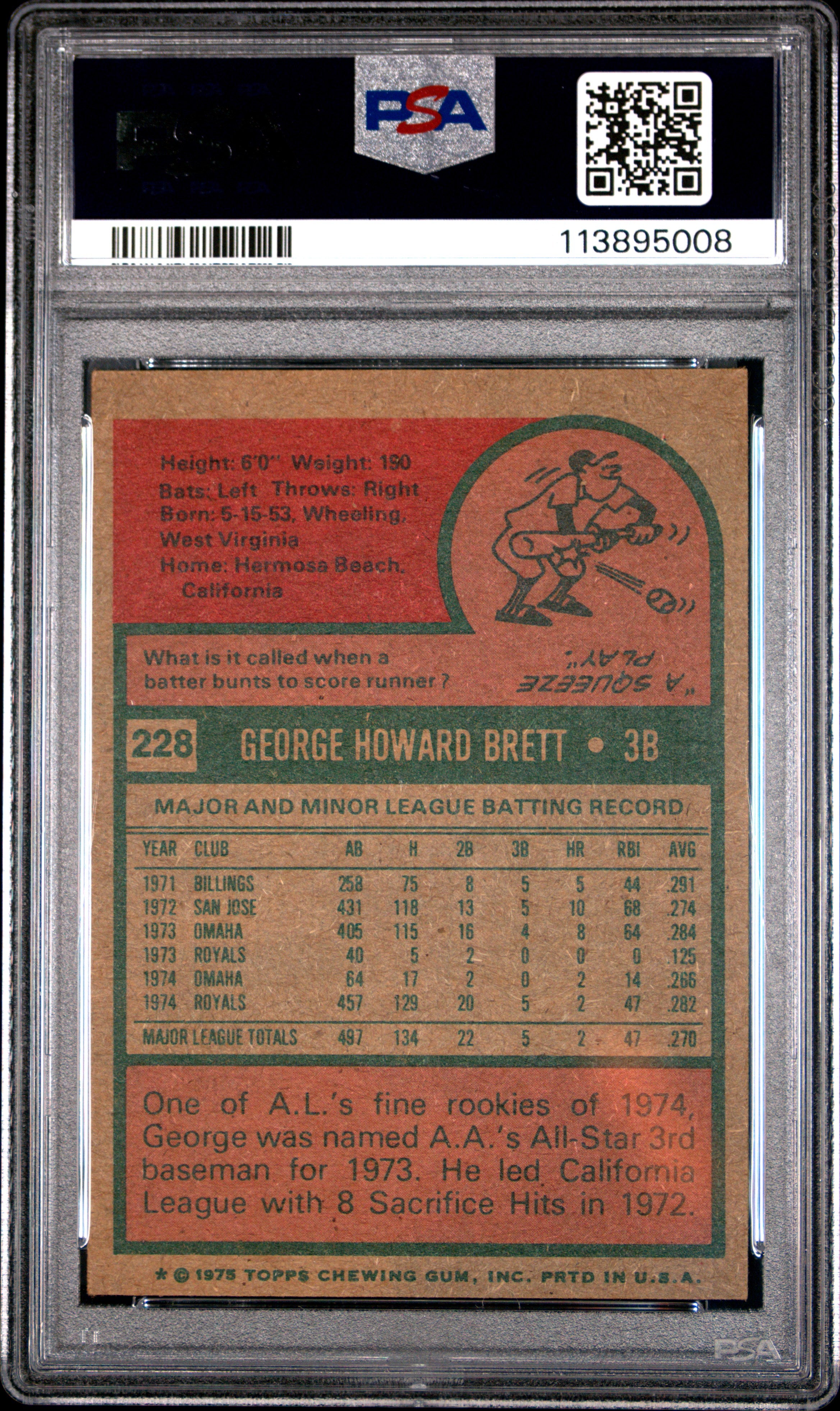 1975 Topps George Brett Rookie #228 PSA 5 Kansas City Royals