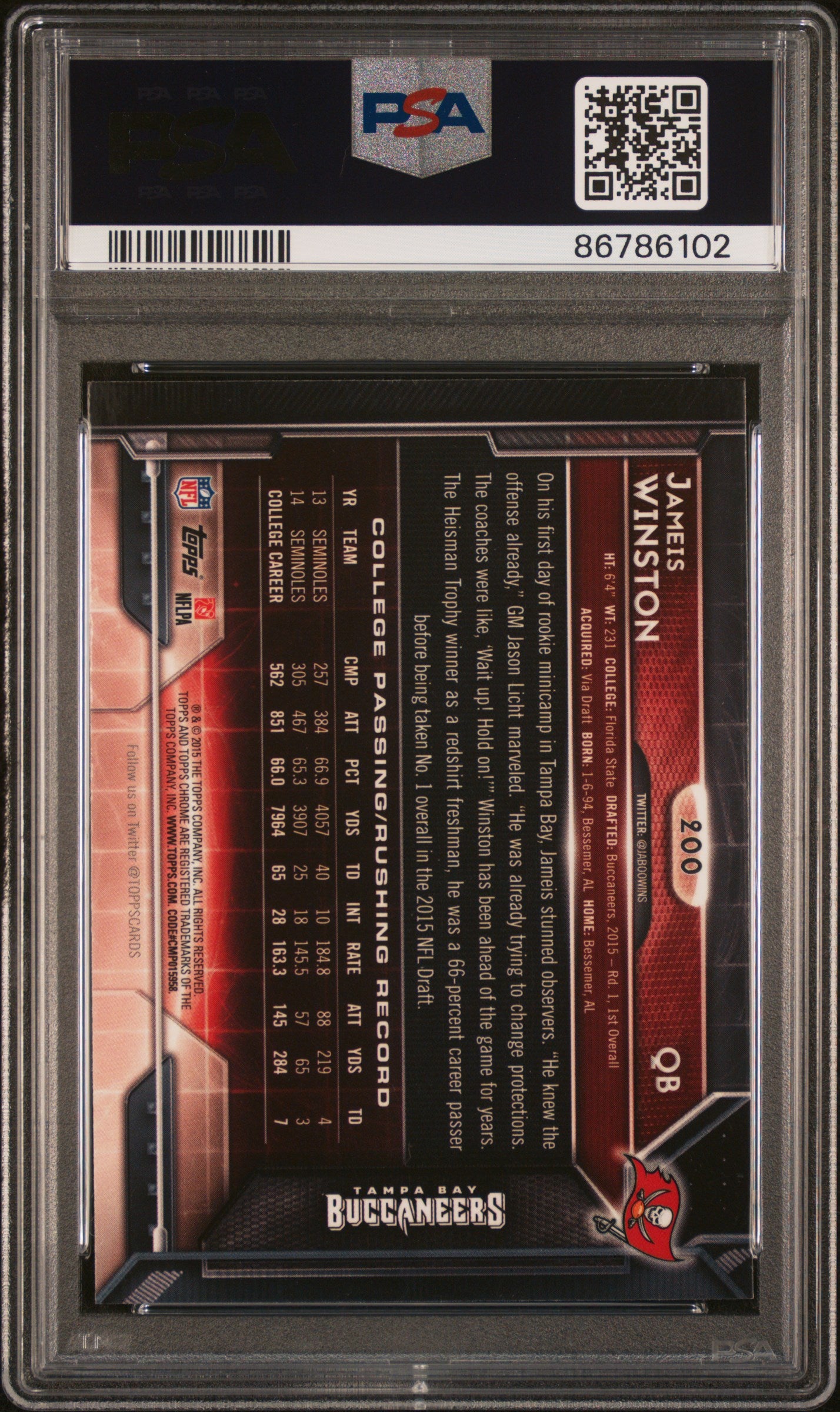 2015 Topps Chrome Jameis Winston Green Refractor Rookie PSA 8 Tampa Bay
