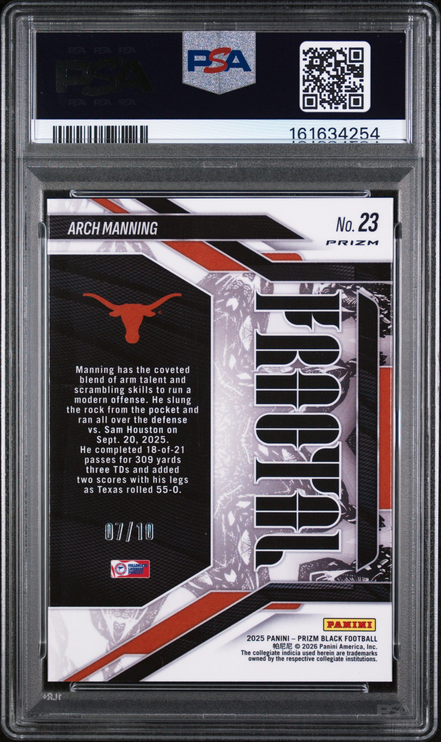 2025 Panini Prizm Black Fractal Arch Manning Gold Rookie #23 PSA 10 7/10