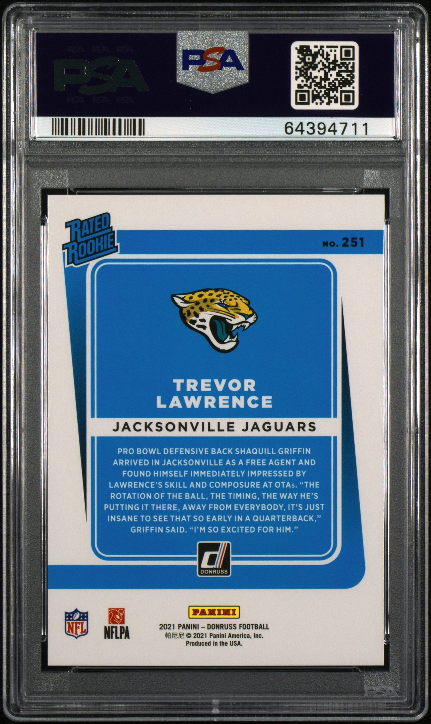 2021 Panini Donruss Trevor Lawrence No Name #251 PSA 10