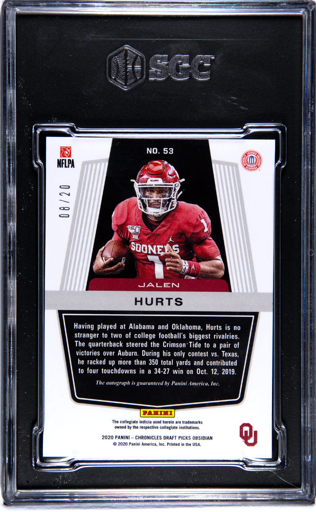 2020 Obsidian Draft Picks Jalen Hurts  Autograph Electric Etch Purple SGC 10 GEM