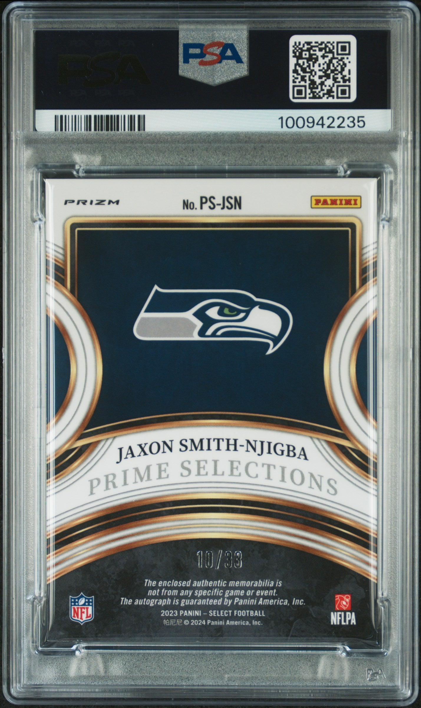 2023 Prime Selections Signatures Jaxon Smith-Njigba Neon Orange Pulsar /33 PSA 9