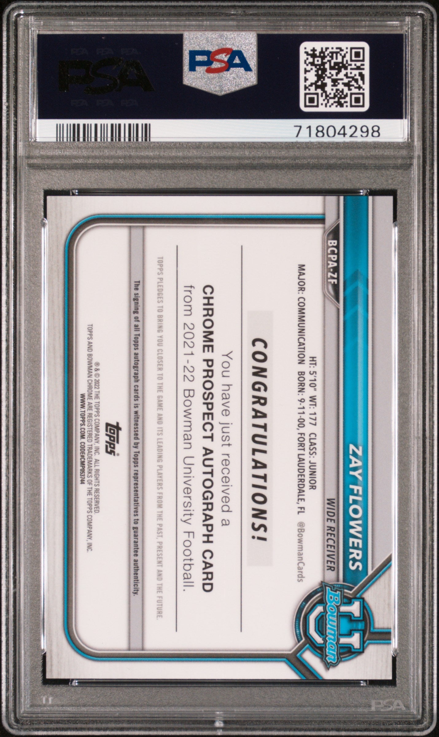 2021 Bowman University Chrome Zay Flowers Auto Gold Refractor RC 50/50 PSA 10