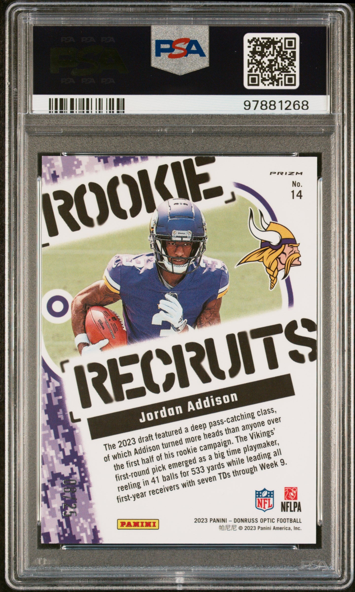 2023 Panini Donruss Optic Rookie Recruits Jordan Addison PRP Stars 14 PSA 10 GEM