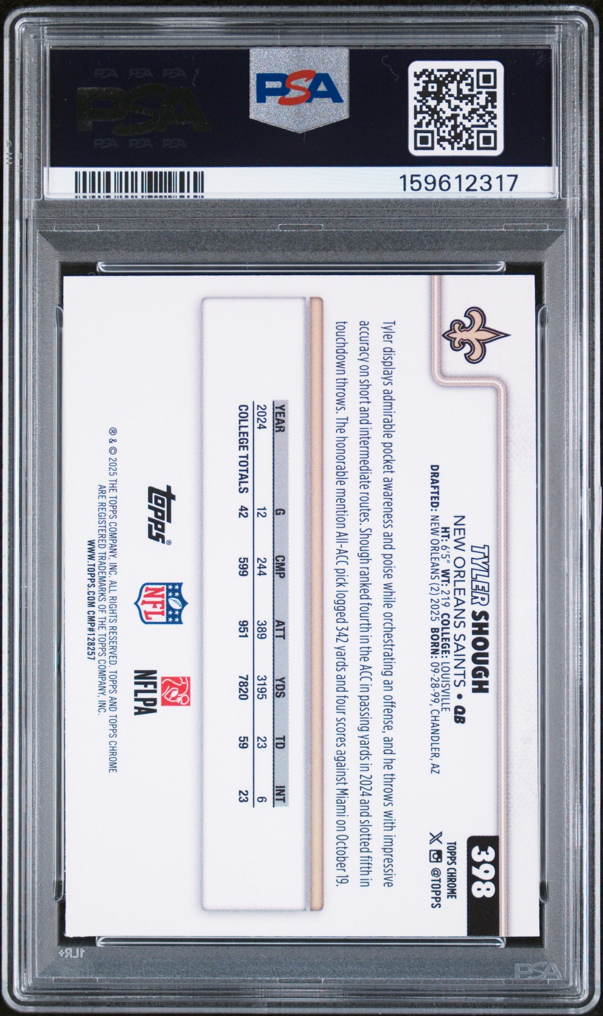 2025 Topps Chrome Tyler Shough Teal Refractor 285/299 #398 PSA 9