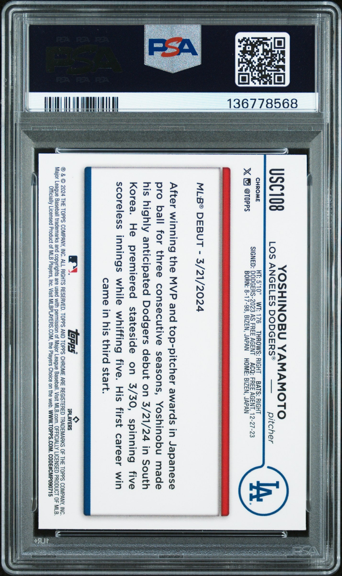 2024 Topps Chrome Update Yoshinobu Yamamoto Magenta Purple Lava/299 Rookie PSA 9
