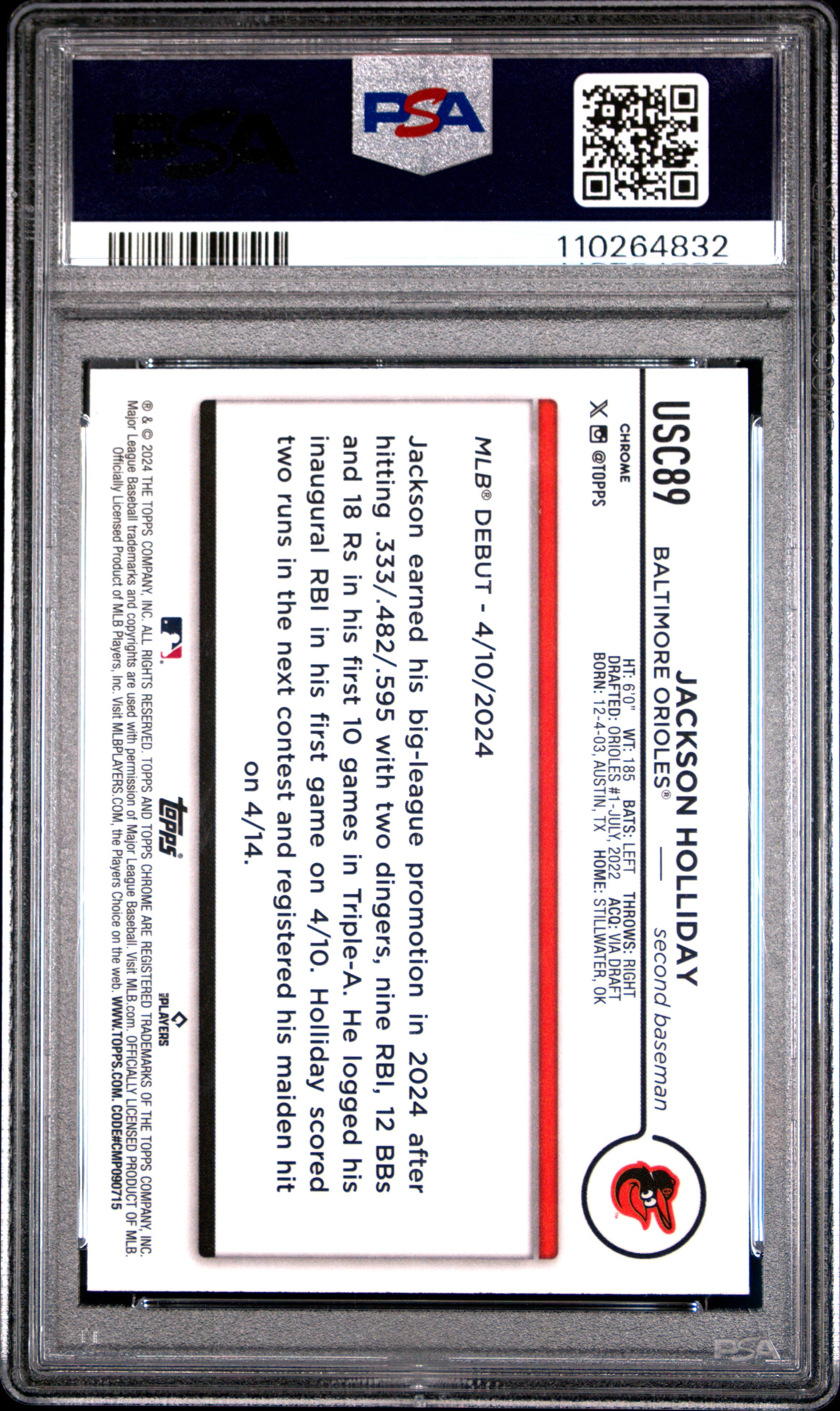 2024 Topps Chrome Update Jackson Holliday X Fractor Rookie USC89 PSA 10 GEM MINT