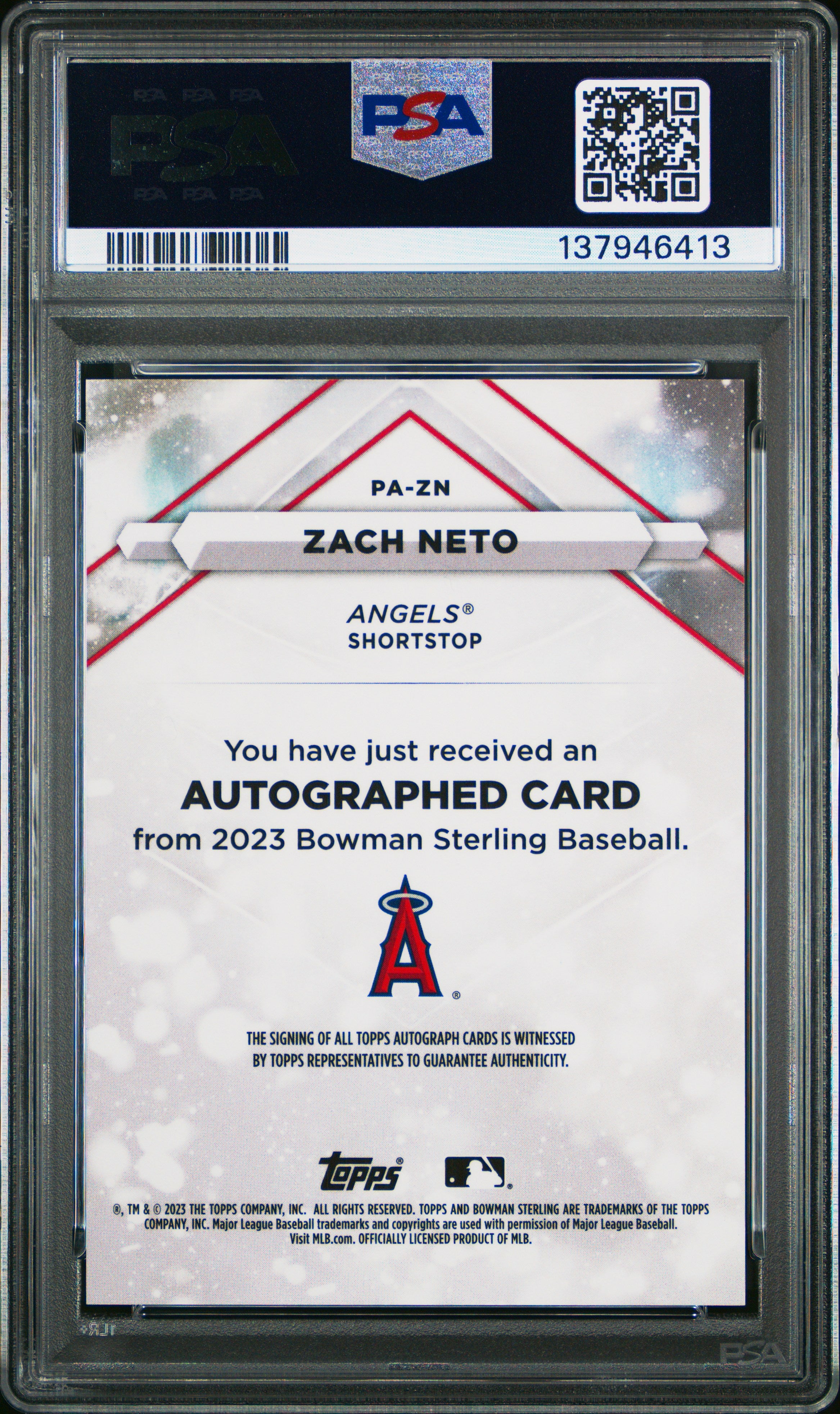 2023 Bowman Sterling Prospect Autographs Zach Neto Orange Ref 19/75 #PAZN PSA 9