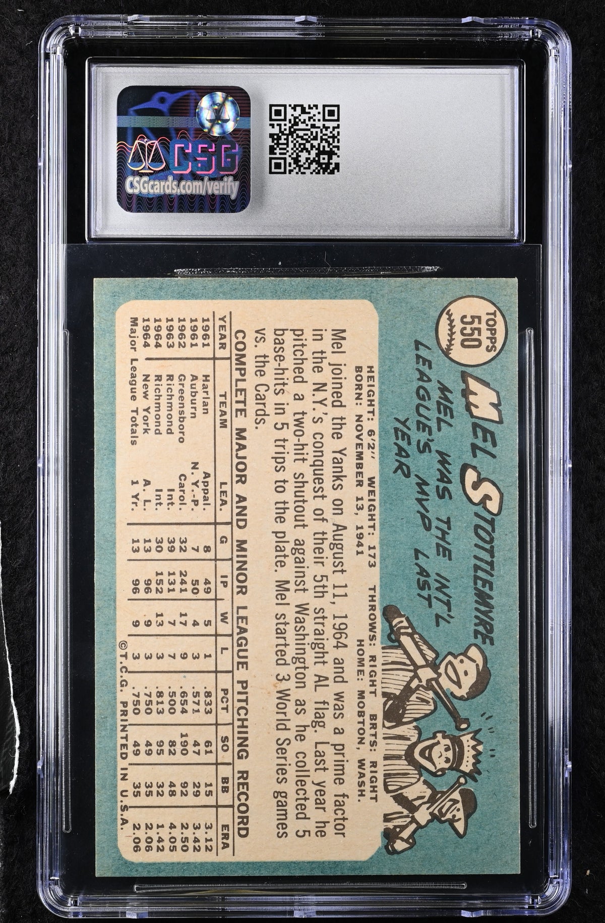 1965 Topps Mel Stottlemyre #550 CGC 6.5 New York Yankees