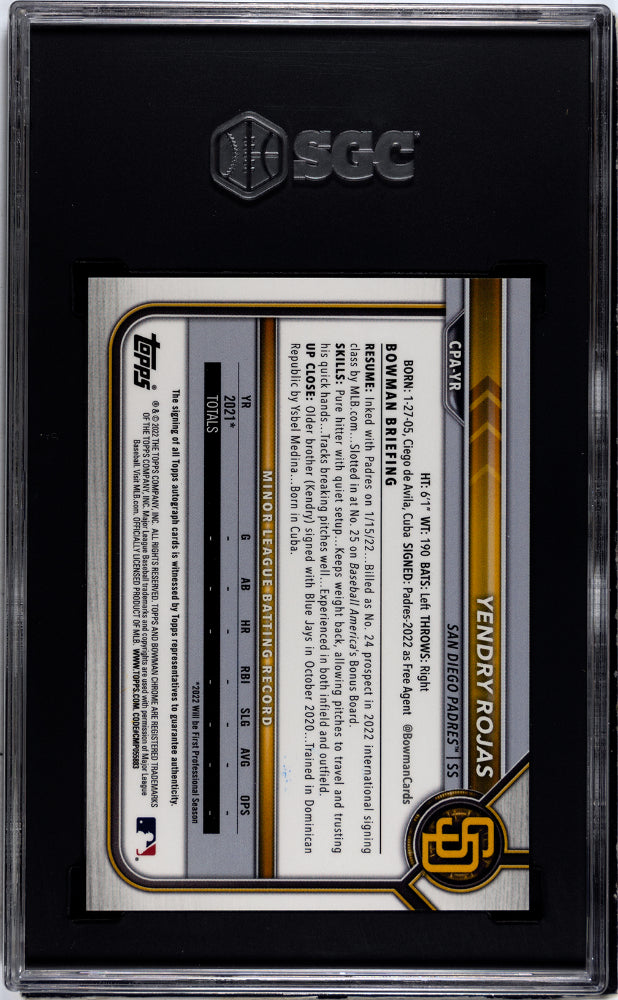 2022 Bowman Chrome Yendry Rojas Autograph Orange Refractor 22/25 SGC 10 AU 10