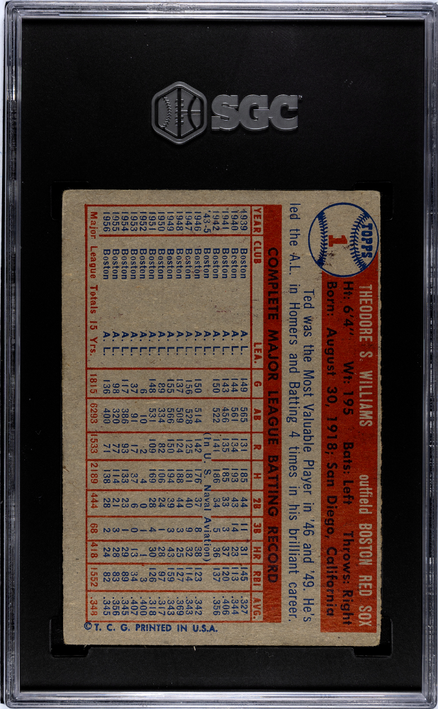 1957 Topps Ted Williams #1 SGC 1.5 Boston Red Sox