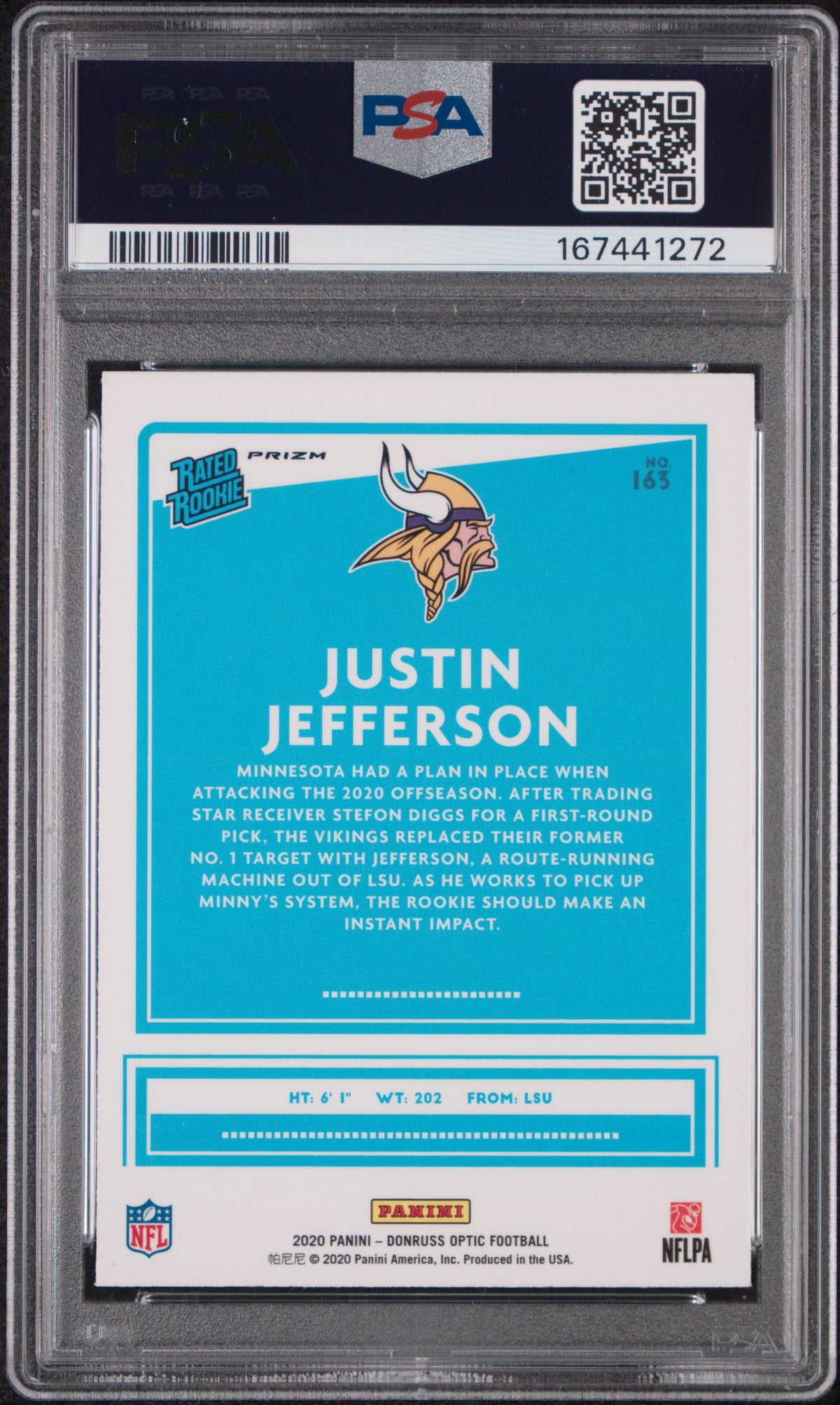 2020 Panini Donruss Optic Justin Jefferson Holo Rookie #163 PSA 9