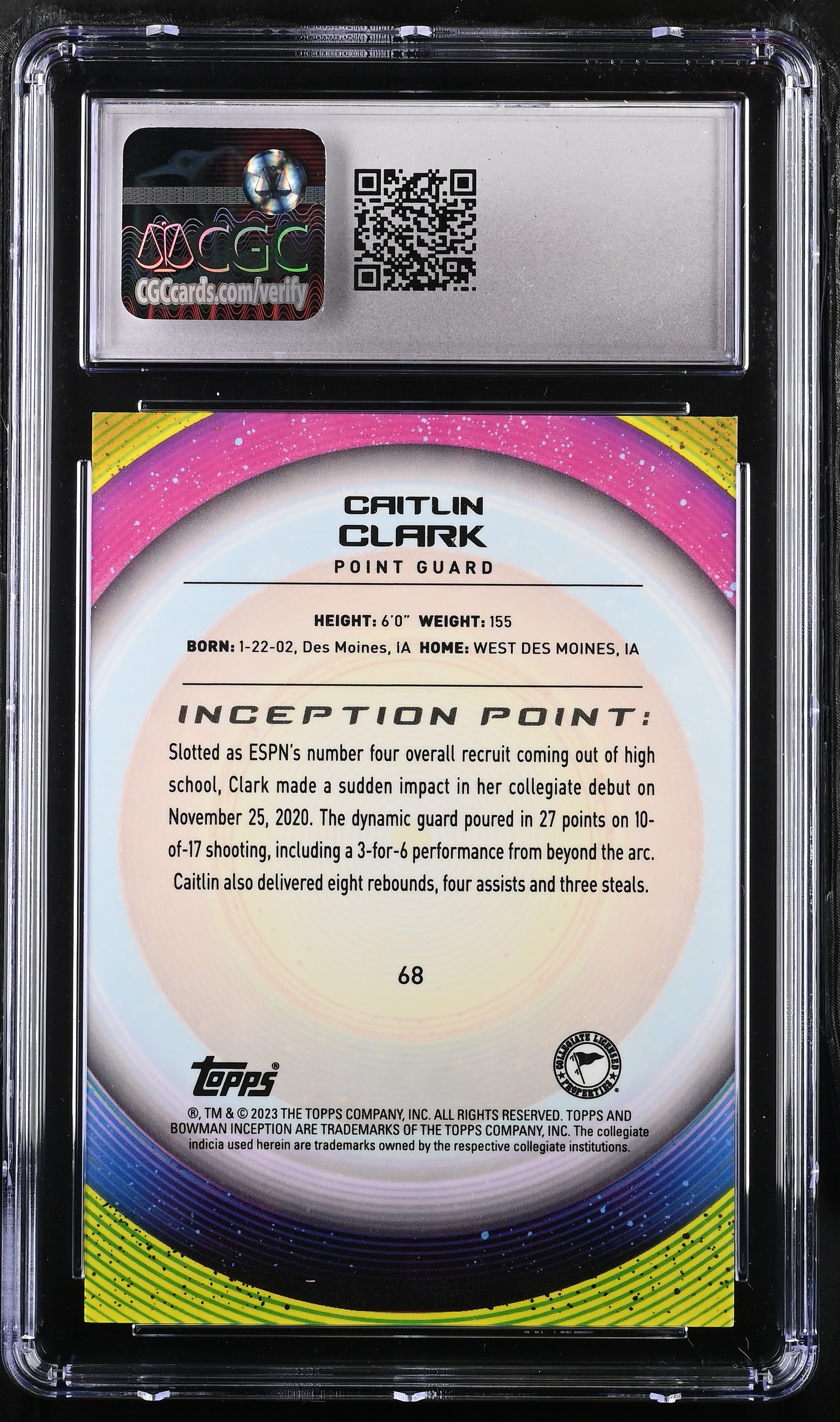 2022-23 Bowman University Inception Caitlin Clark #68 CGC 10 Indiana Fever
