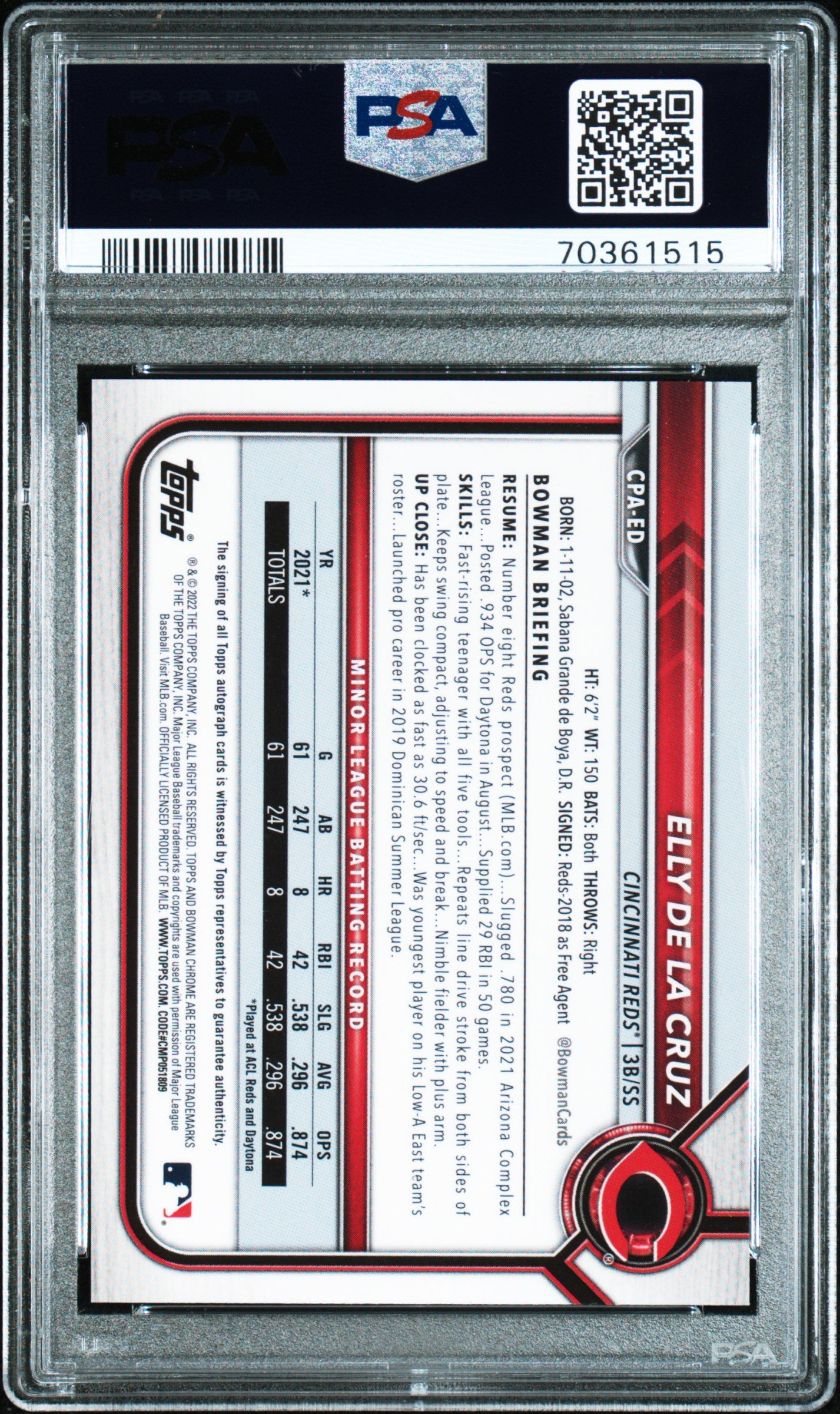 2022 Bowman Chrome Prospect Autographs Elly De La Cruz Autograph PSA 10 1st Reds