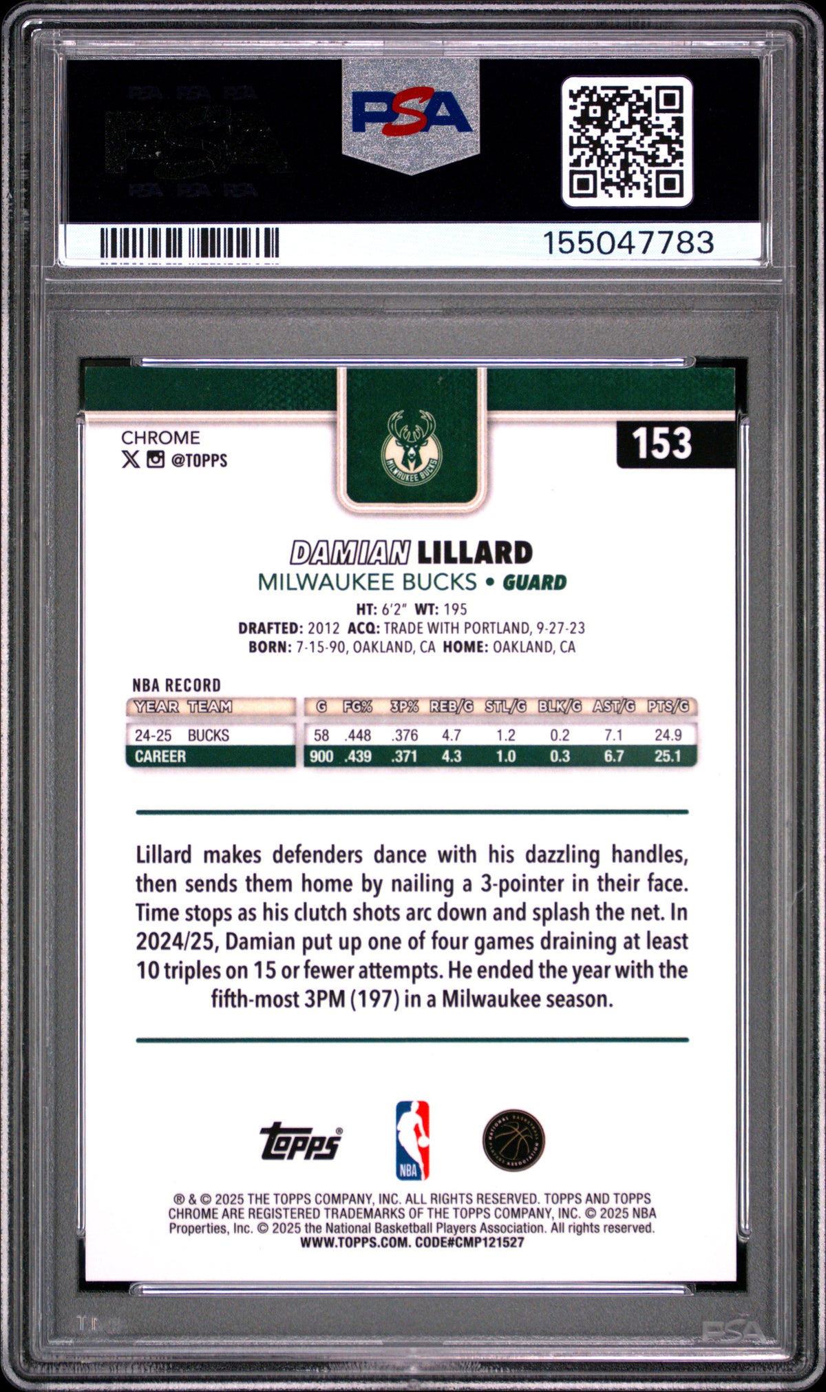2025 Topps Chrome Damian Lillard Black Geometric 03/10 #153 PSA 10