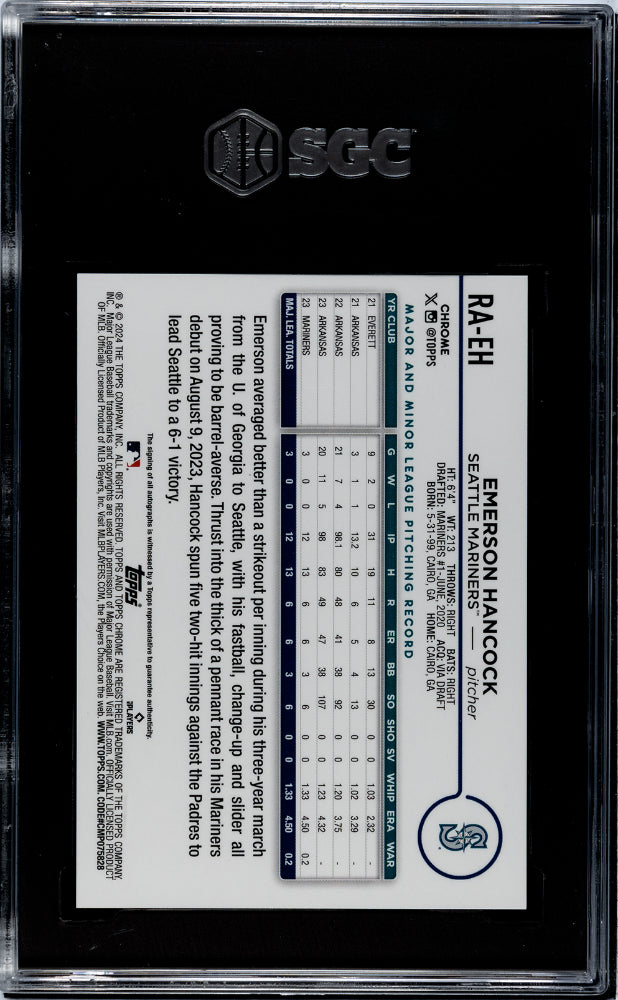 2024 Topps Chrome Emerson Hancock Autograph Blue Raywave Refractor SGC 10 GEM