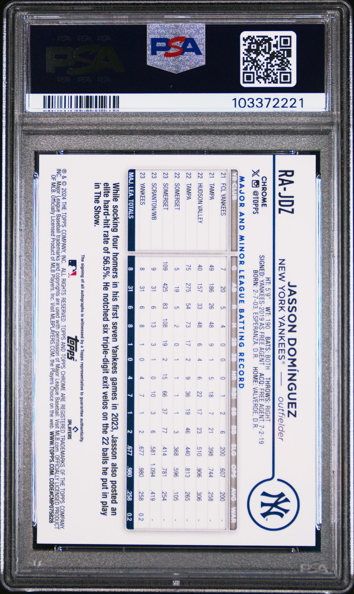 2024 Topps Chrome Rookie Autographs Jasson Dominguez Rookie PSA 9 NY Yankees