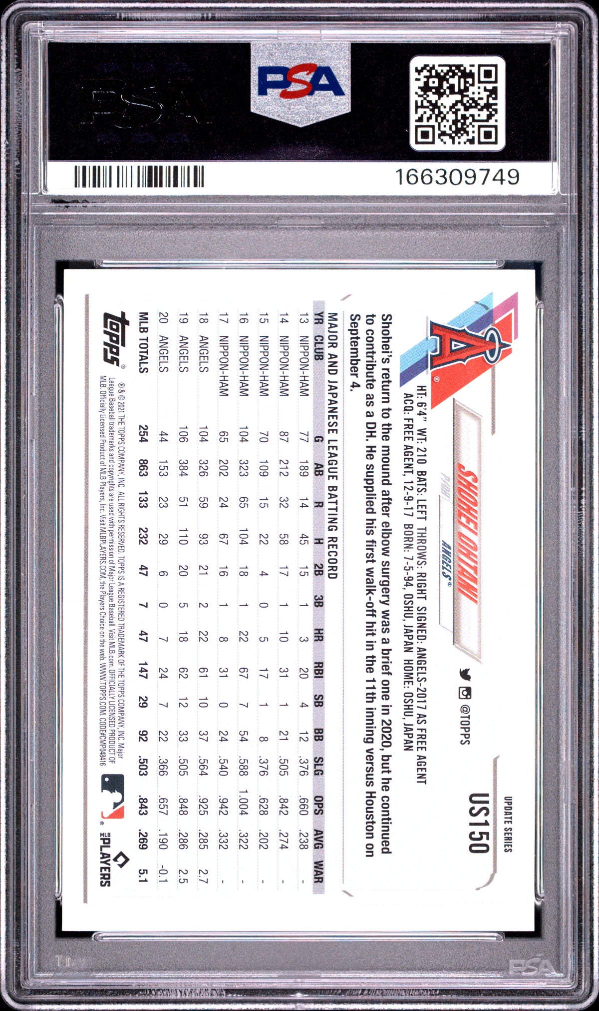 2021 Topps Update Shohei Ohtani SP #US150 PSA 10 Los Angeles Angels