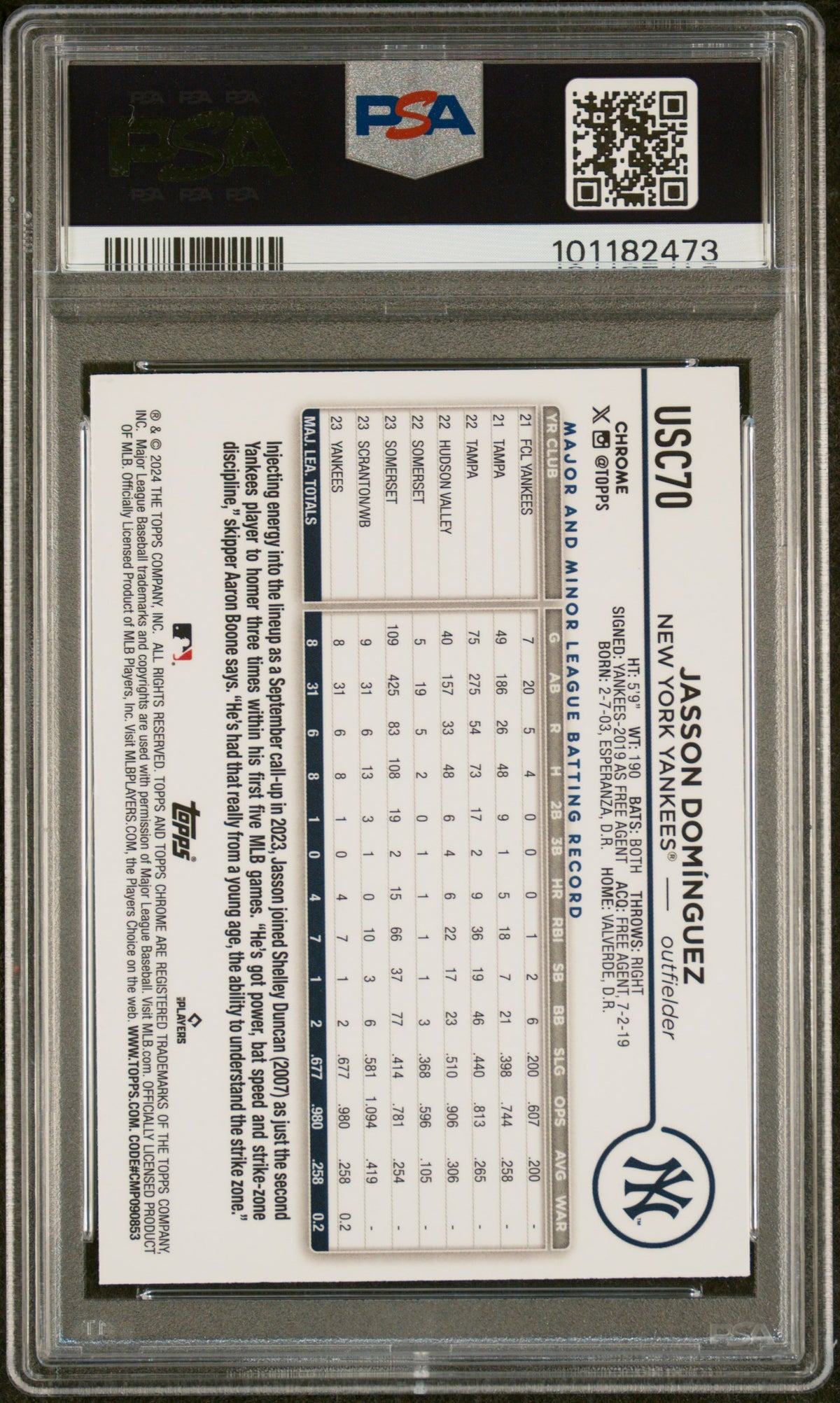 2024 Topps Chrome Update Jasson Dominguez SP Rookie #USC70 PSA 9