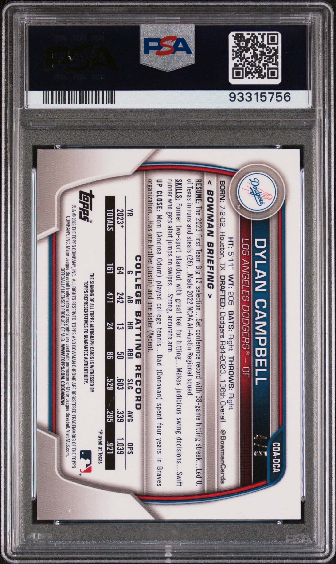 2023 Bowman Chrome Prospect Autograph Dylan Campbell Prspct Red Wave /5 PSA 9