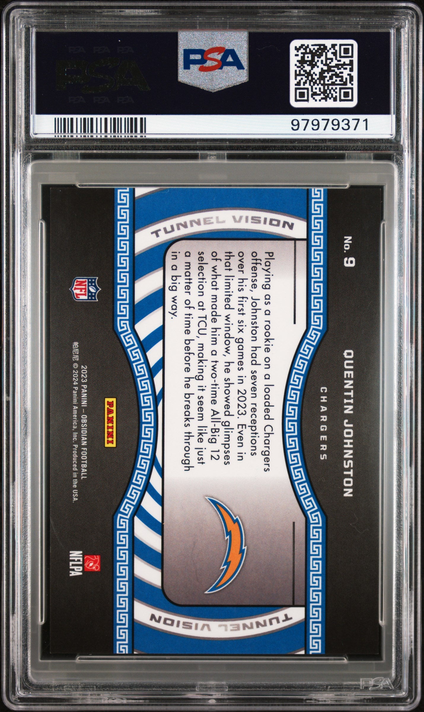 2023 Panini Obsidian Tunnel Vision Quentin Johnston RC Etch Asia Red Flood PSA 9