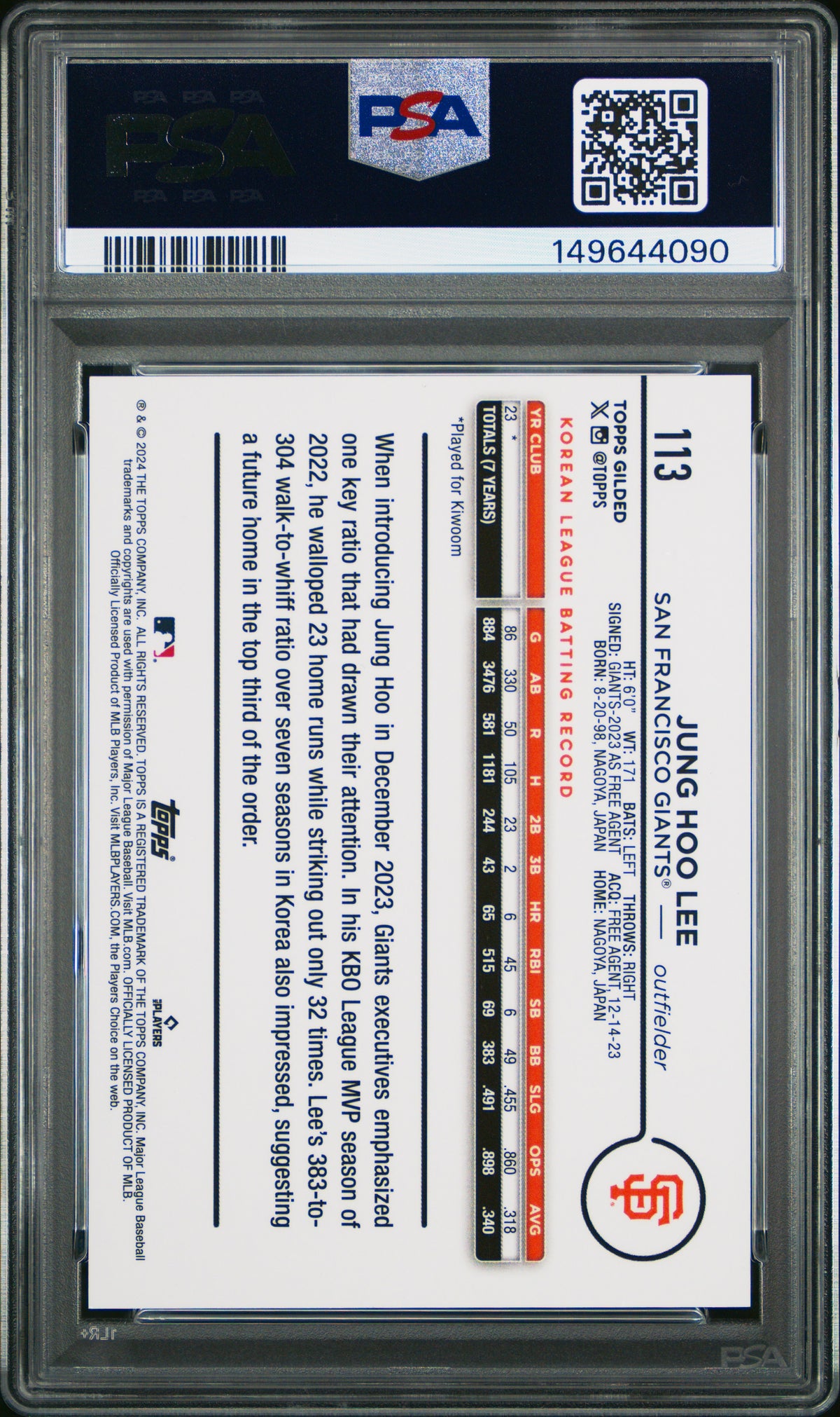 2024 Topps Gilded Collection Jung Hoo Lee #113 PSA 10