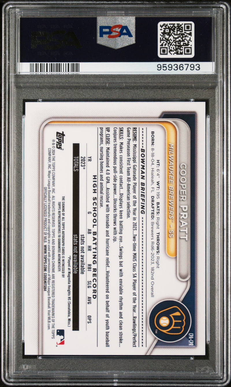 2024 Bowman Chrome Prospect Autographs Cooper Pratt Chrome Prospect Blue PSA 9