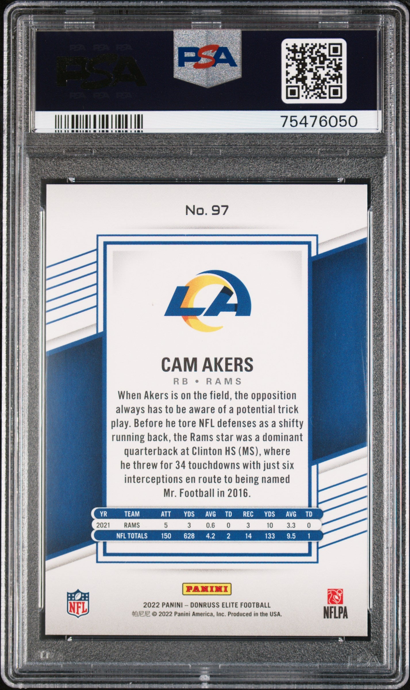 2022 Panini Donruss Elite Cam Akers Status Sparkle 268/275 #97 PSA 9 MINT Rams