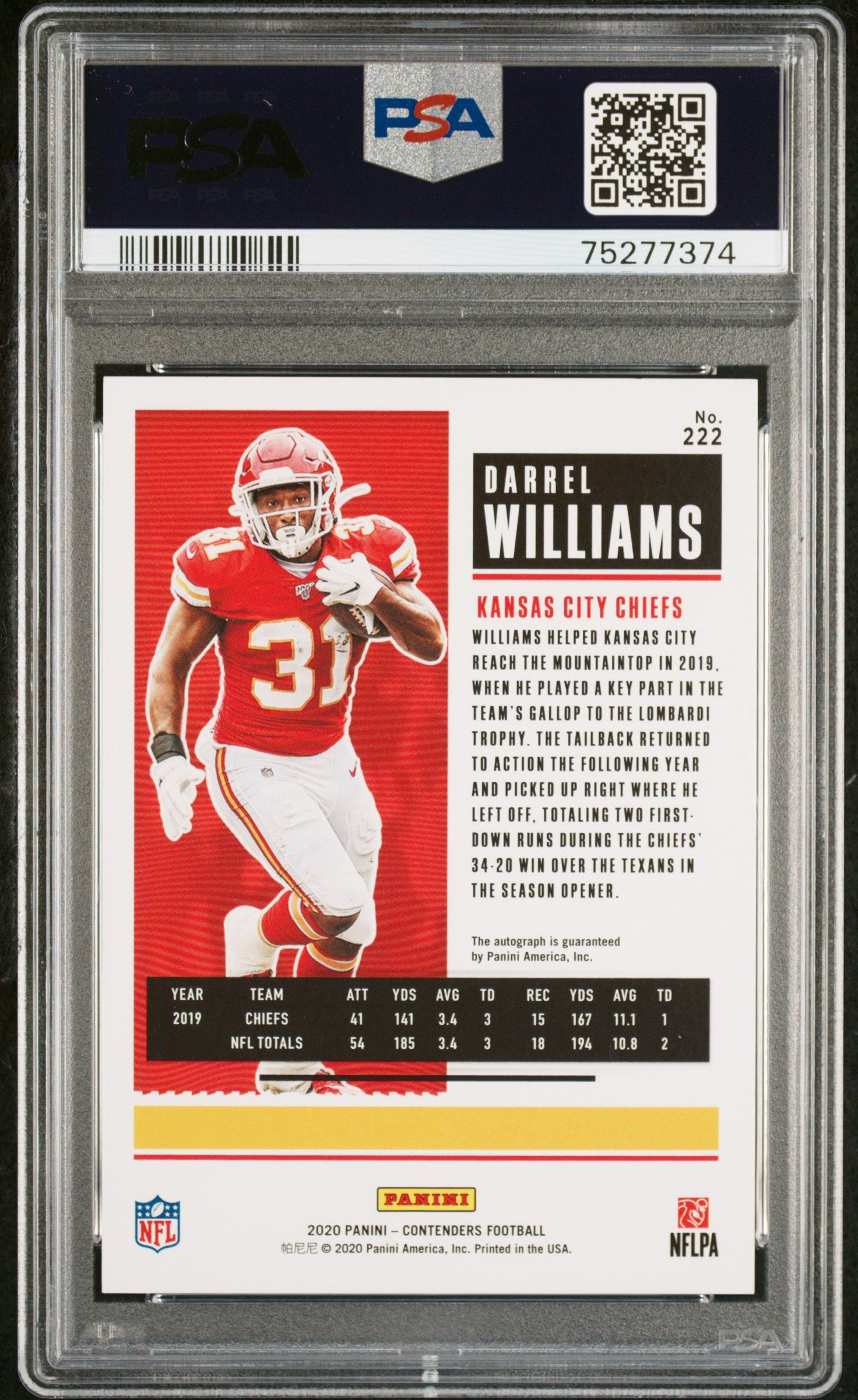 2020 Panini Contenders Darrel Williams Autograph Championship #222 PSA 10