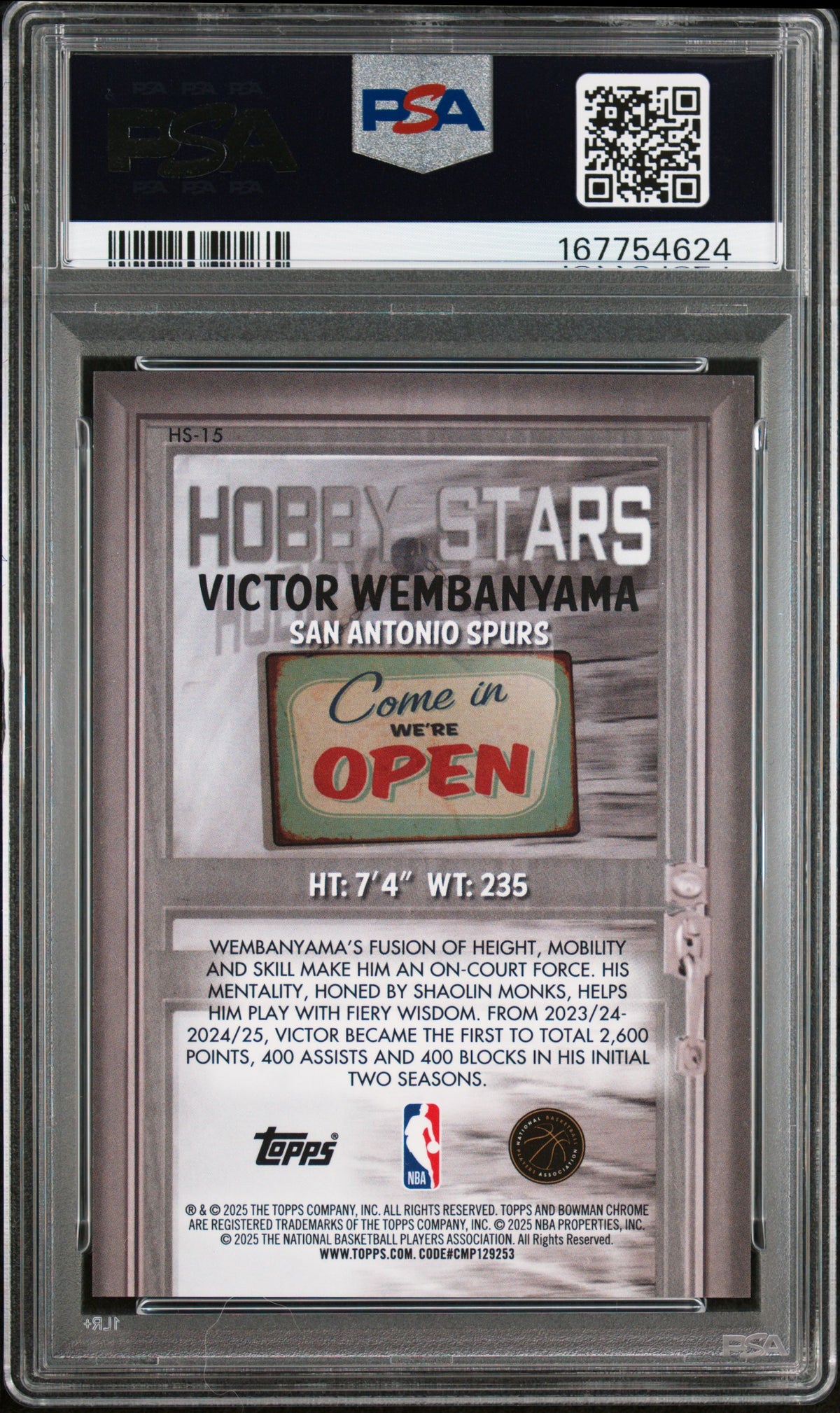 2025 Bowman Chrome Hobby Stars Victor Wembanyama Purple Ref /250 #HS-15 PSA 10