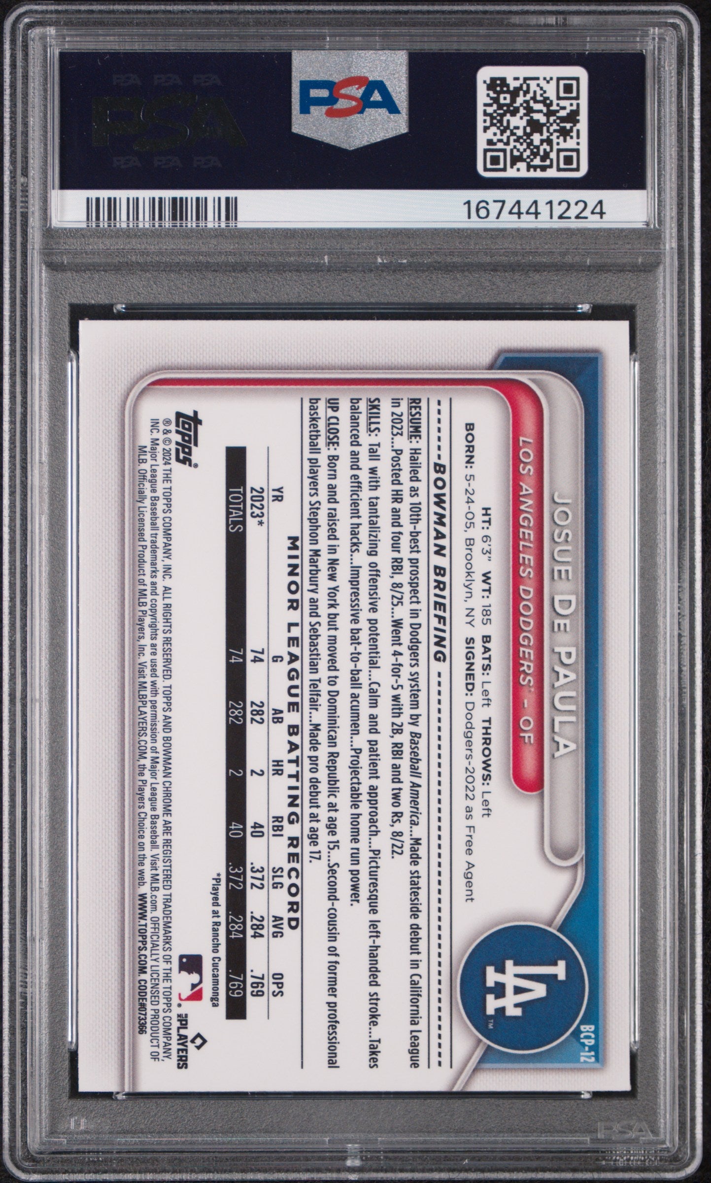 2024 Bowman Mega Box Chrome Prospects Josue De Paula #12 PSA 10