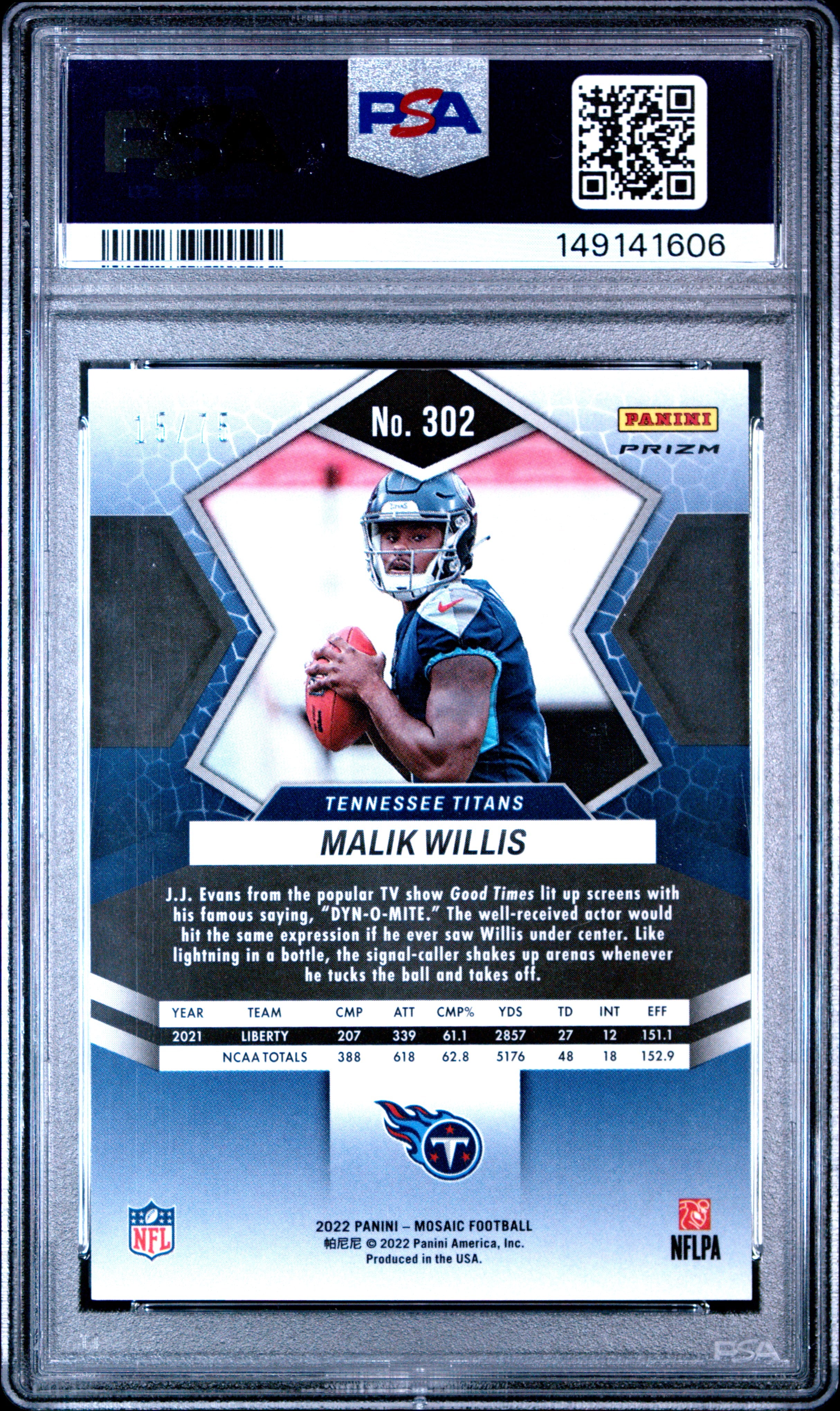 2022 Panini Mosaic Malik Willis No Huddle Blue 15/75 Rookie #302 PSA 10 GEM MINT