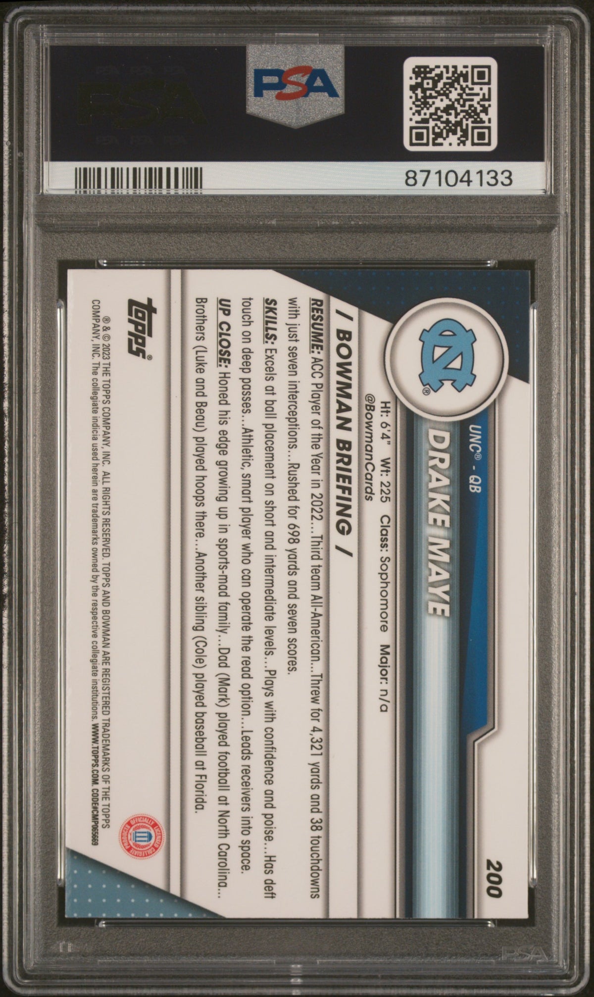 2023 Bowman University Chrome Drake Maye Pink Refractor #200 PSA 10