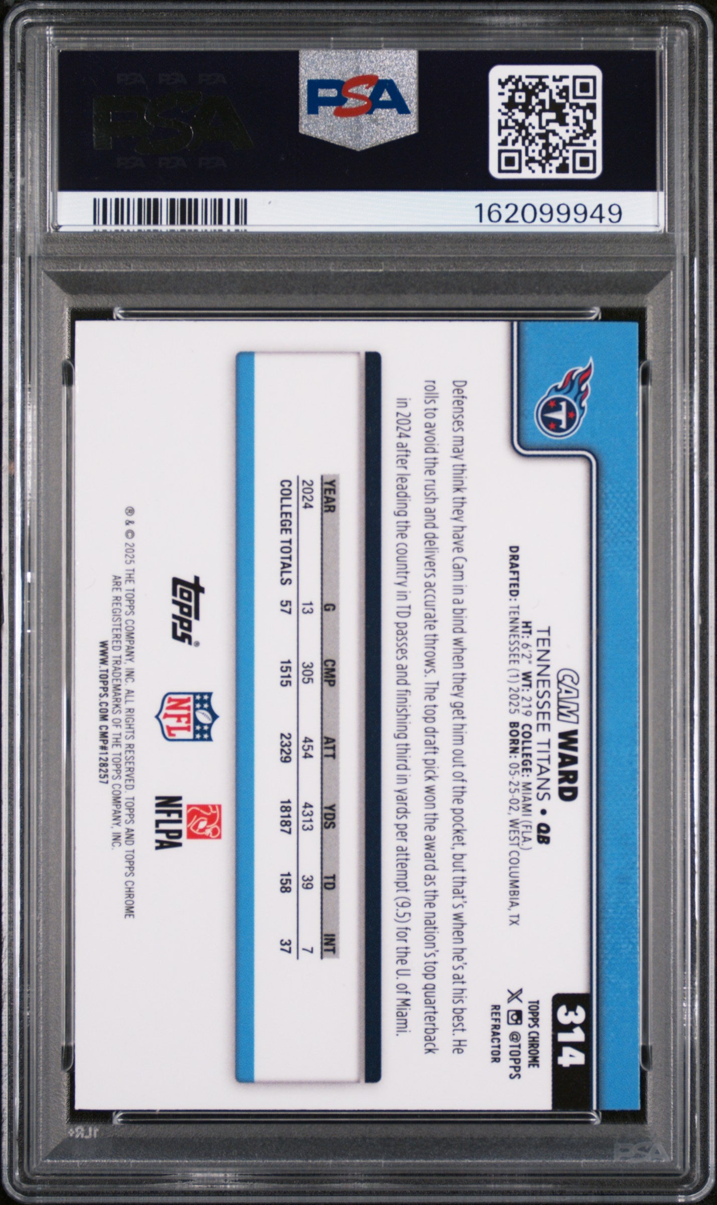 2025 Topps Chrome Cam Ward Refractor #314 PSA 9
