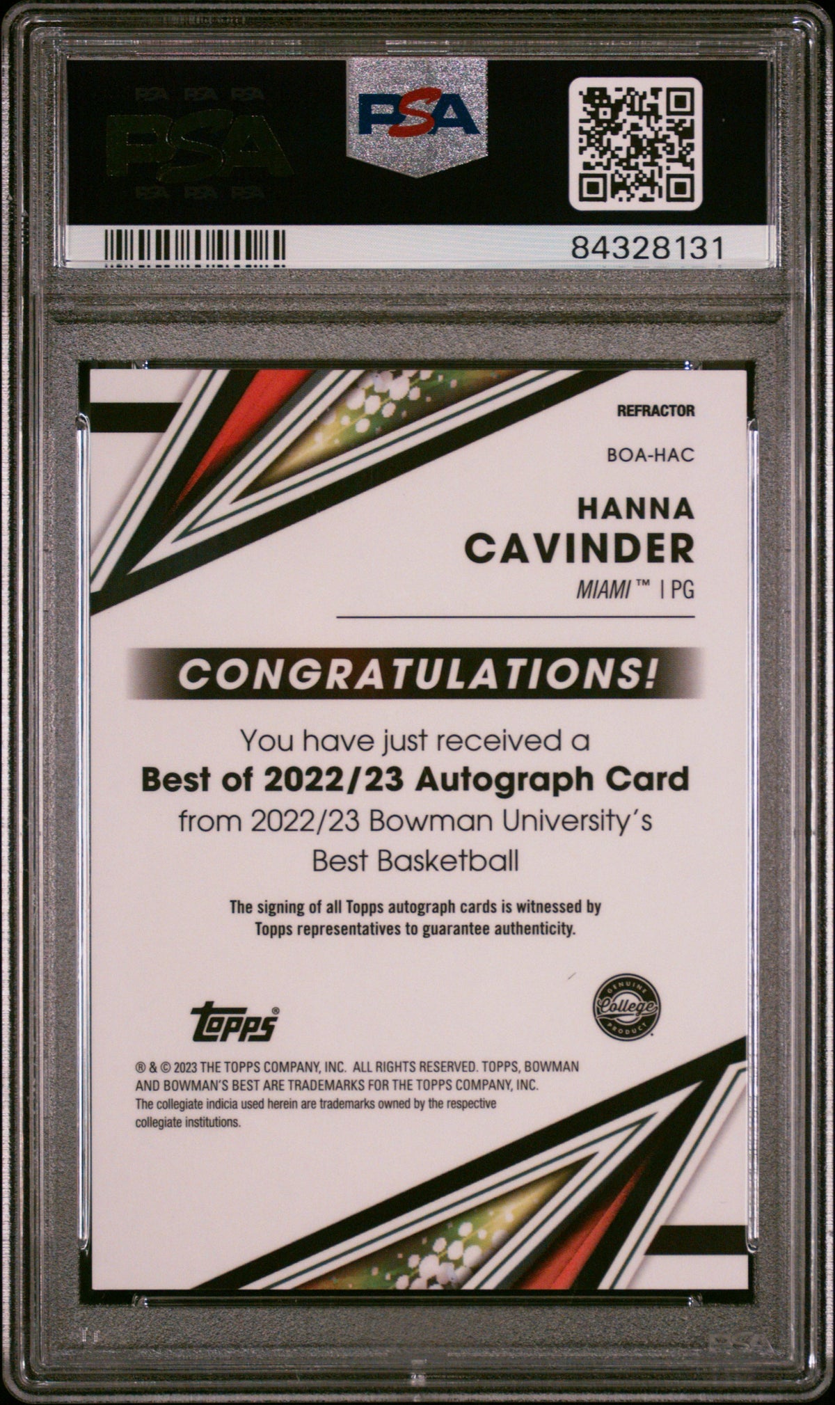 2022 Bowman University Best Of 2022 Autograph Hanna Cavinder Refractor PSA 10
