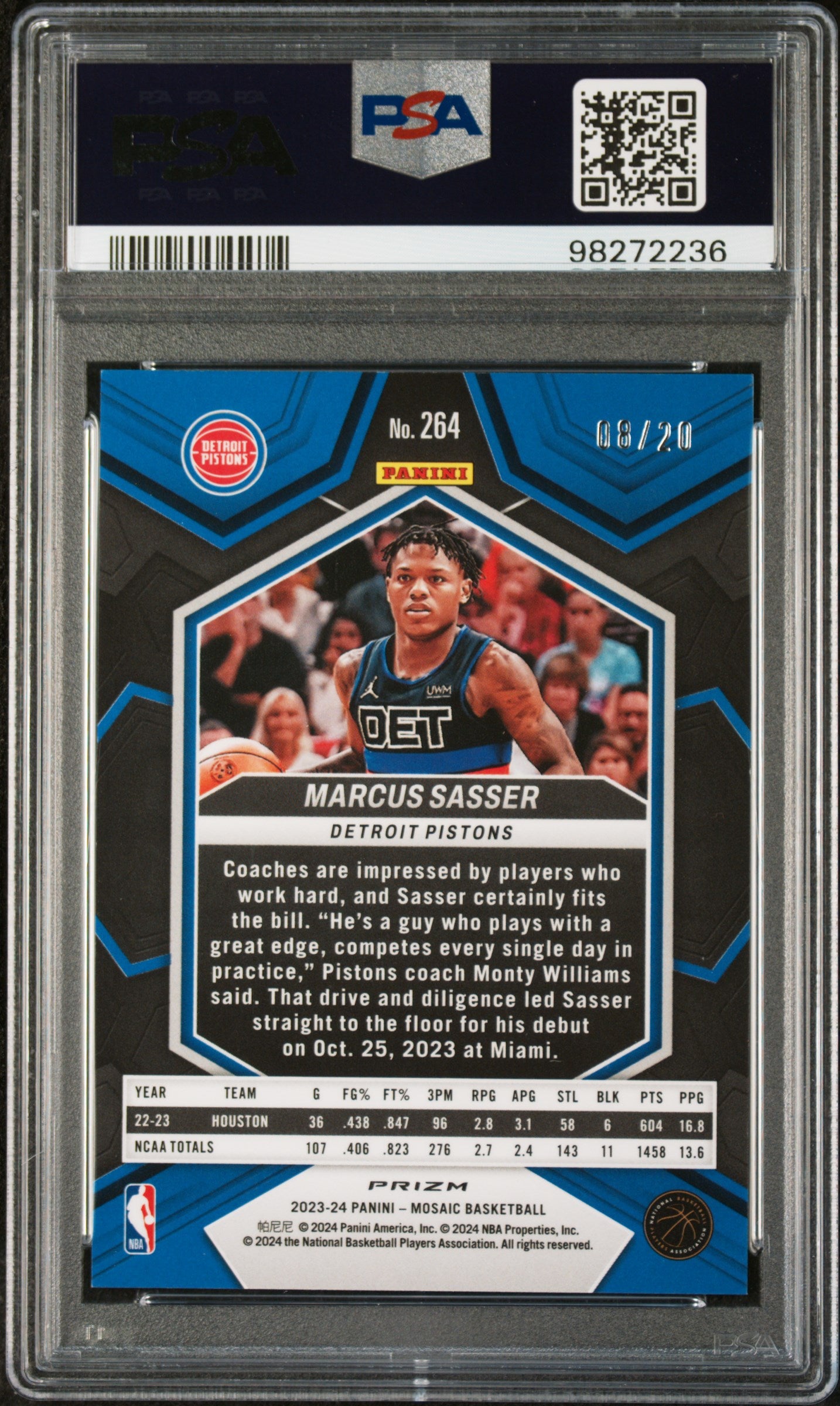 2023 Mosaic Marcus Sasser Pink Fast Break Rookie 8/20 #264 PSA 8 Detroit Pistons
