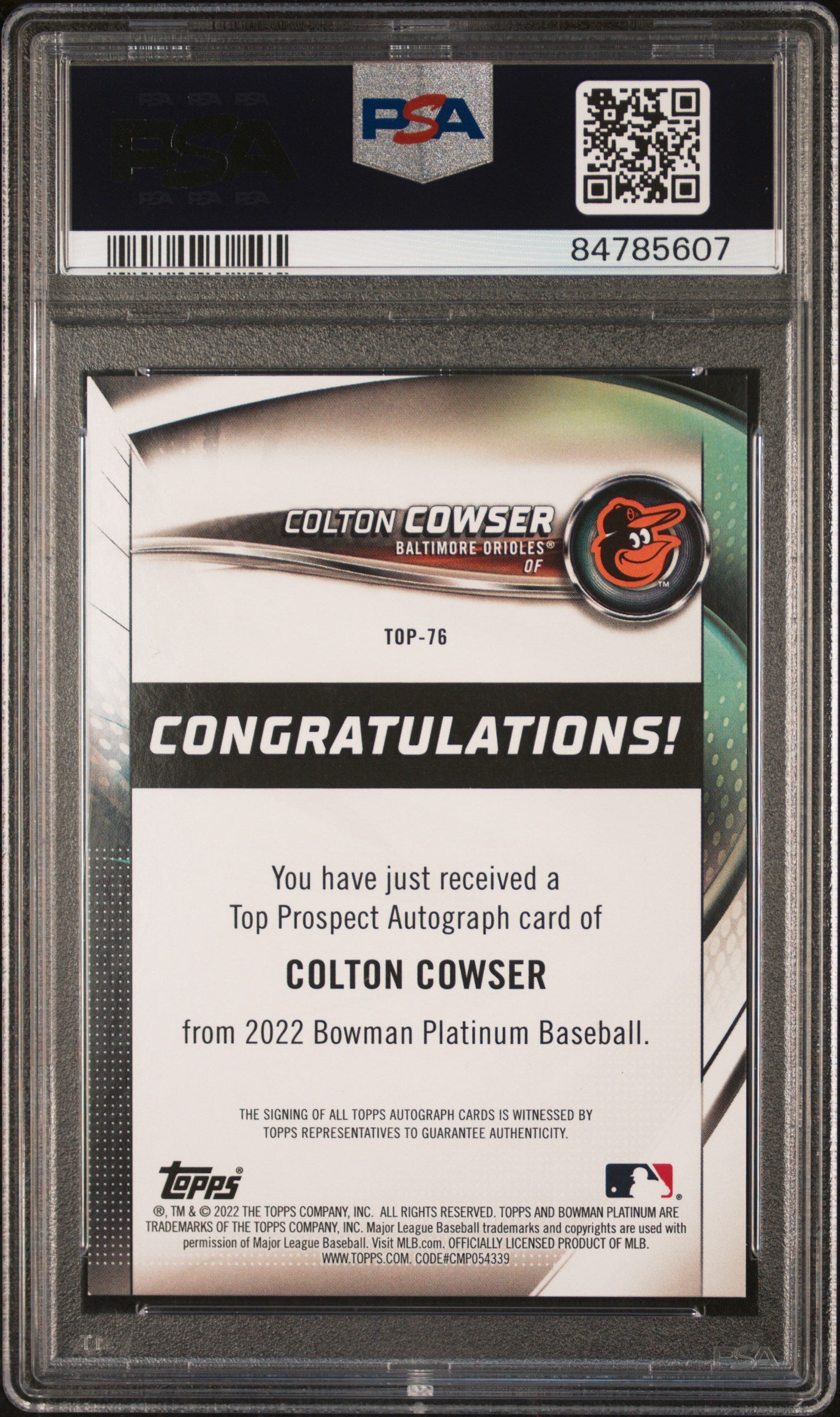2022 Bowman Platinum Top Prospects Colton Cowser Top Prospects Autograph PSA 9