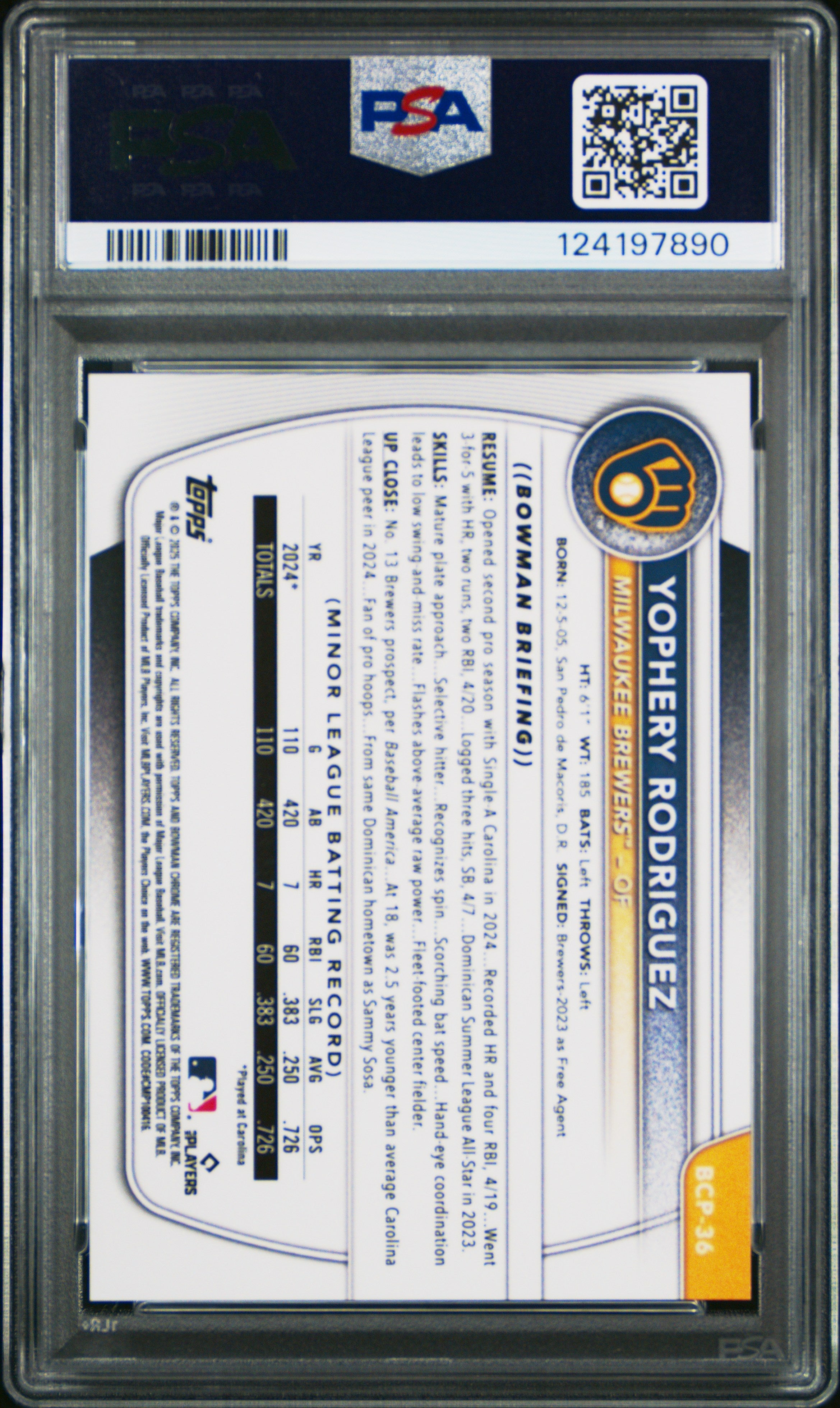 2025 Bowman Chrome Prospects Yophery Rodriguez Blue Raywave #BCP36 PSA 9