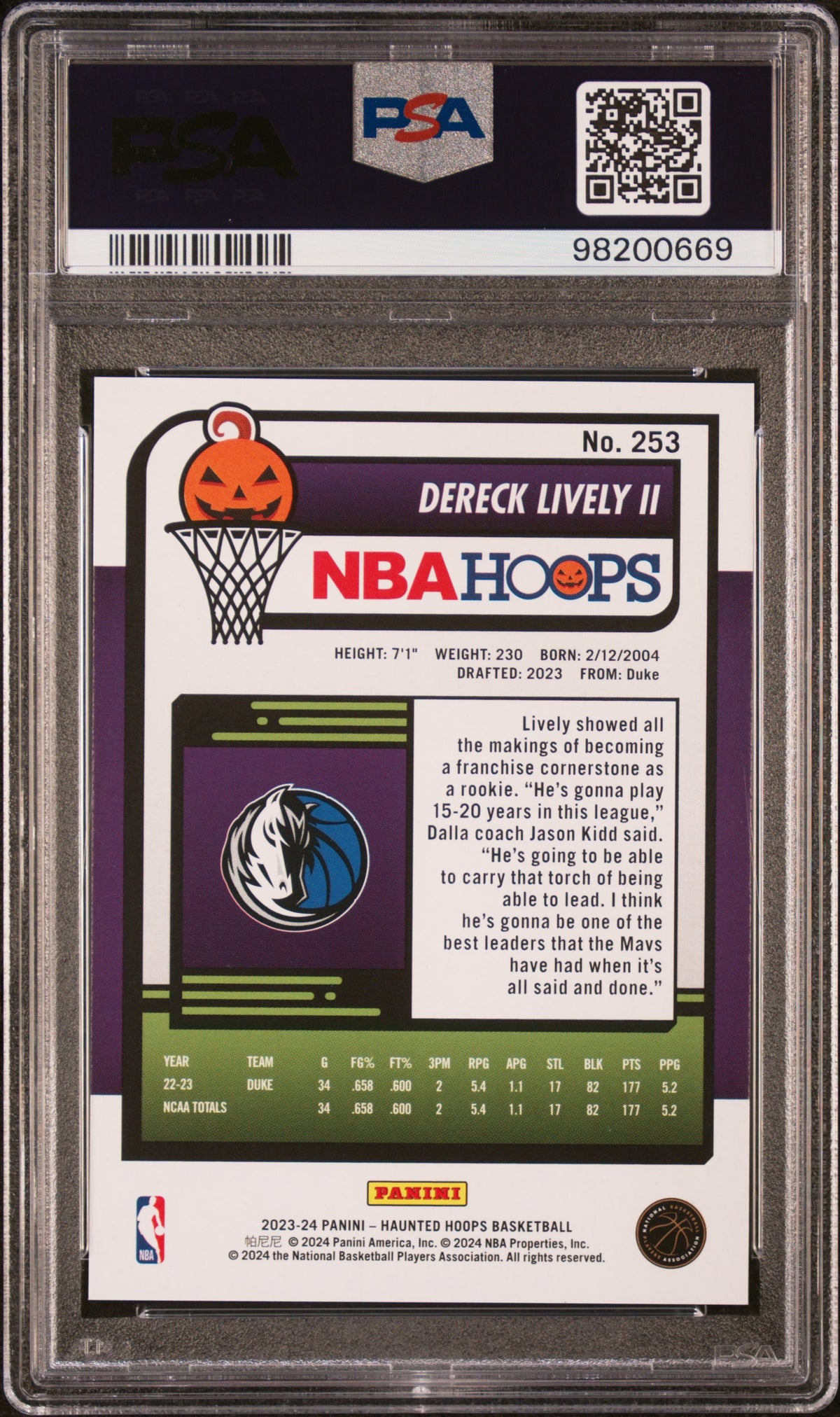 2023 Panini Haunted Hoops Dereck Lively II Slime Rookie PSA 10 Dallas Mavericks