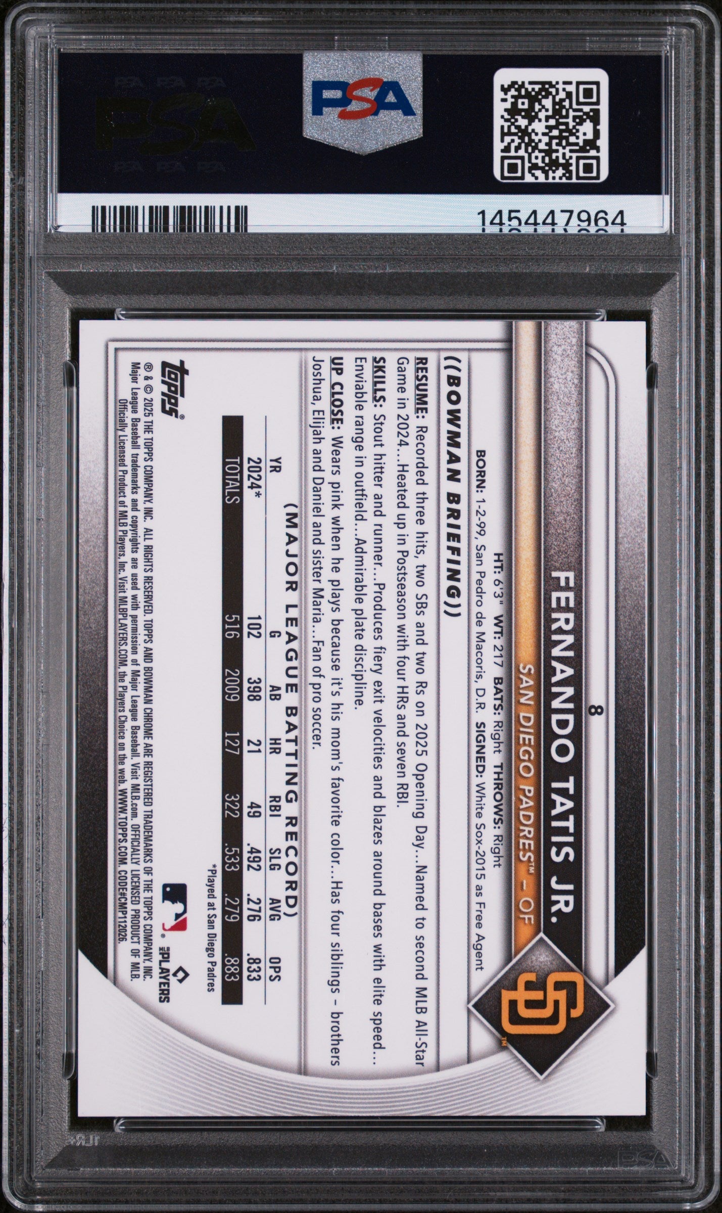 2025 Bowman Chrome Fernando Tatis JR. Gold Geometric 37/50 #8 PSA 9