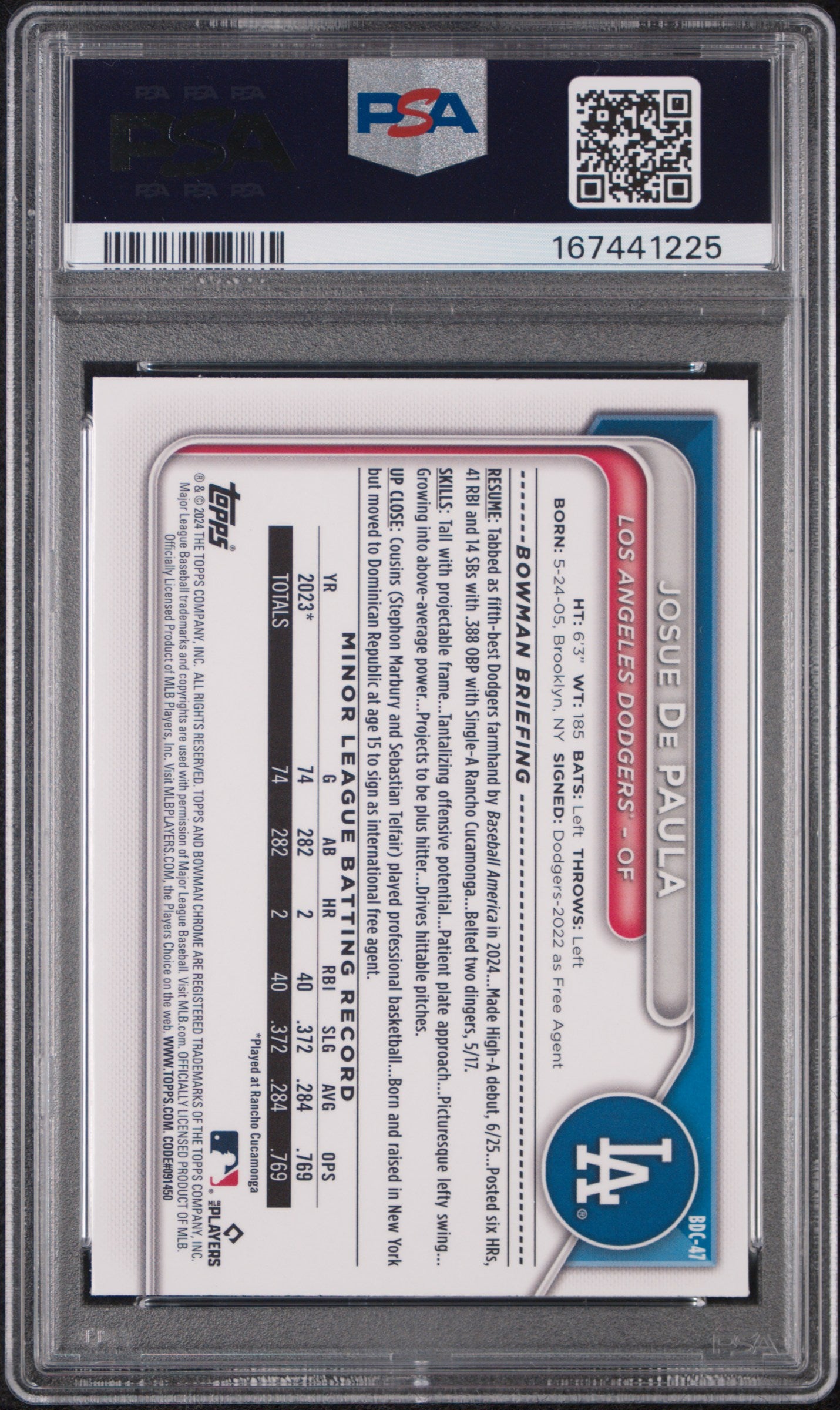 2024 Bowman Draft Sapphire Edition Josue De Paula #BDC47 PSA 10