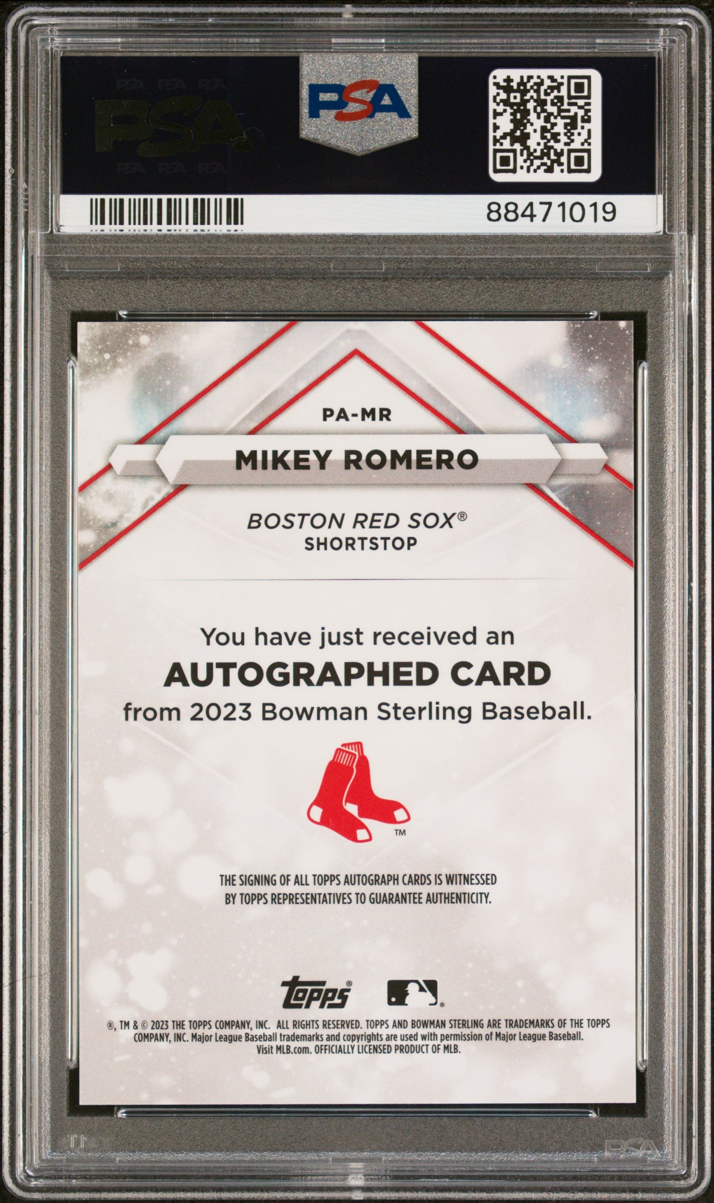 2023 Bowman Sterling Prospect Auto Mikey Romero/99 Speckle Ref PSA 10 Red Sox