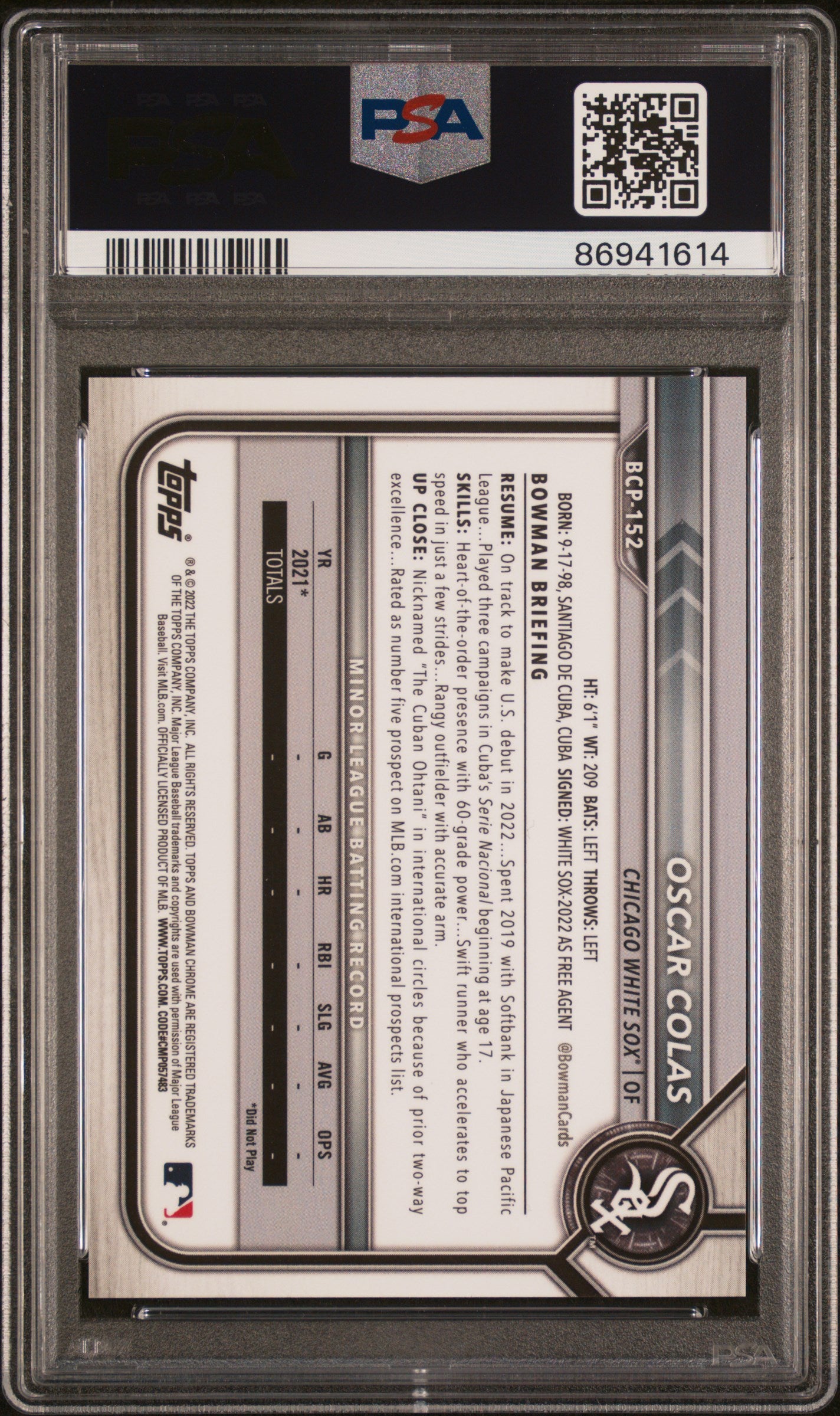 2022 Bowman Chrome Sapphire Edition Prospects Oscar Colas Orange /75 PSA 10 GEM